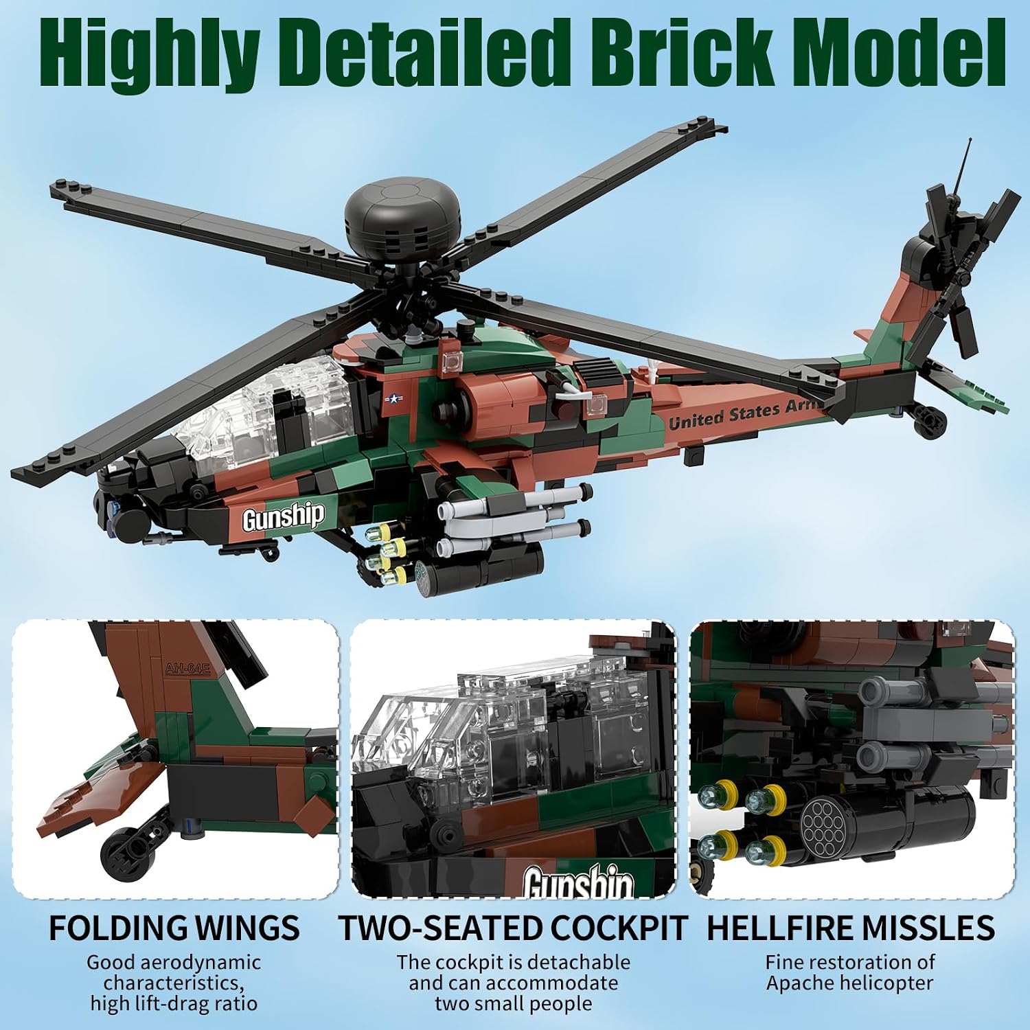 AH-64E Apache Helicopter Building Blocks Set, Gift for Military Fans | 1094 PCS Military Helicopter Model Kit, 1:35 Scale, Adult Collection Display Toy Gift Model Airplane