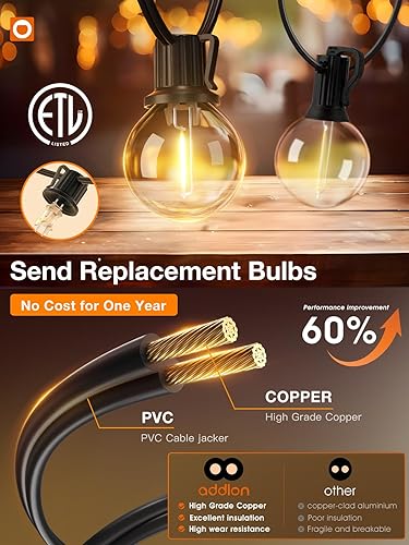 Miniatura 2 de addlon Guirnalda de luces LED G40 de 25 pies, para exteriores, impermeables, con 13 bombillas de plástico (1 repuesto), con certificación ETL,