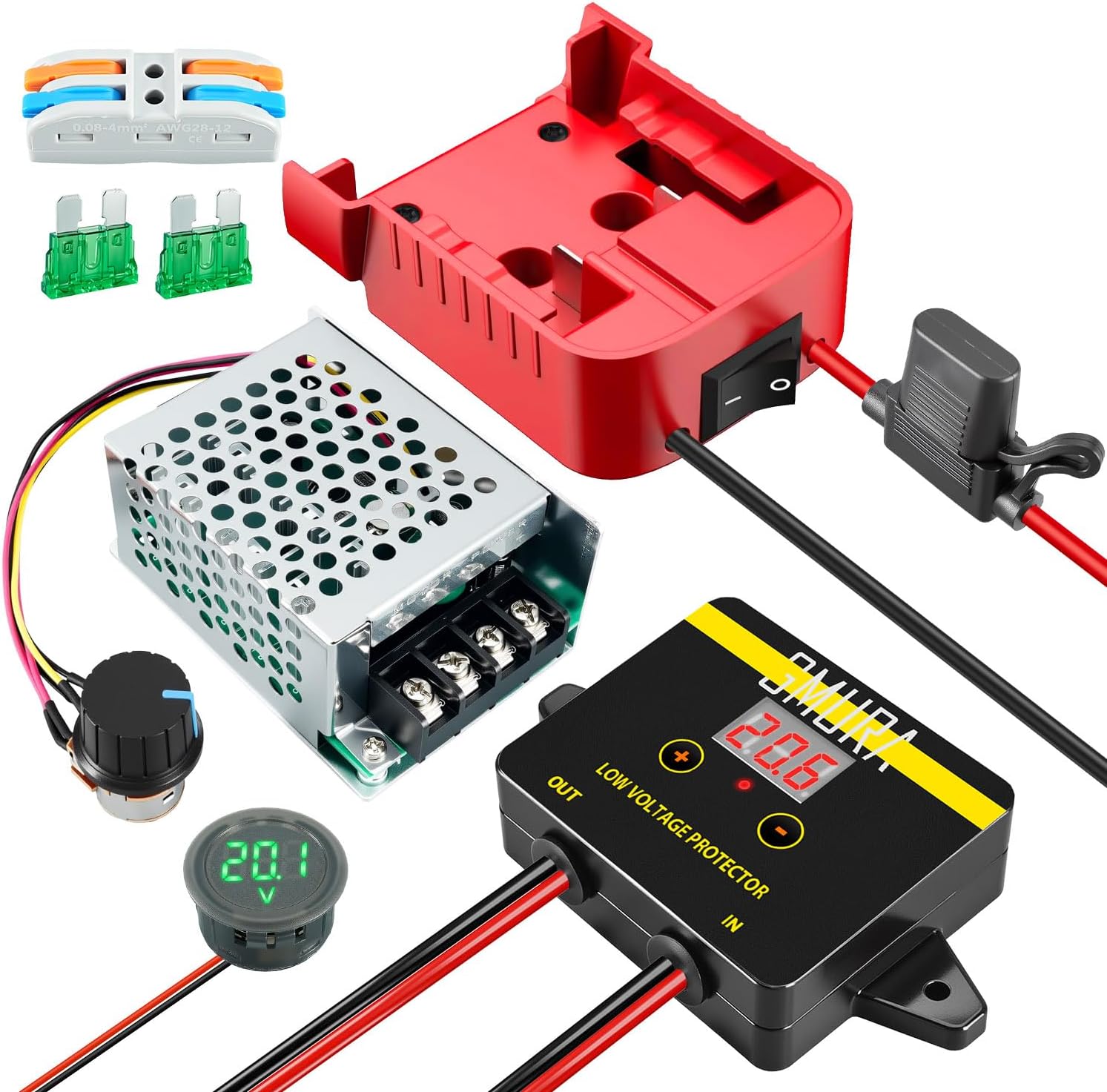 Power Wheel Battery Adapter Kit Fit for Dewalt 18V 20V Battery, DC PWM Motor Speed Controller with Fuse & Wire Terminals & Protective Box & Voltage Display & Low Voltage Protector