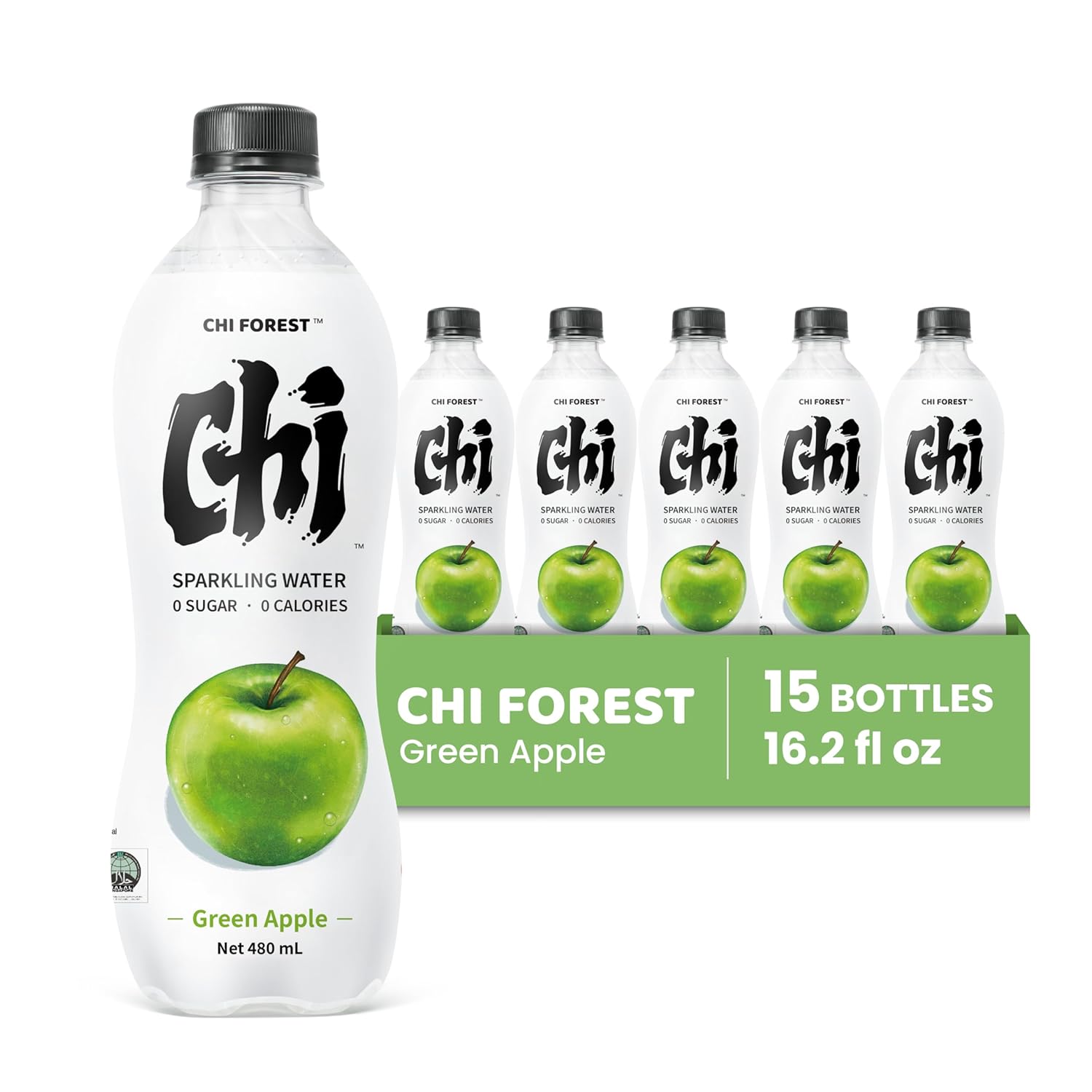 CHI FOREST Flavored Sparkling Water Beverage, Green Apple, Zero Sugar, 16.2 fl oz Bottles (pack of 15)