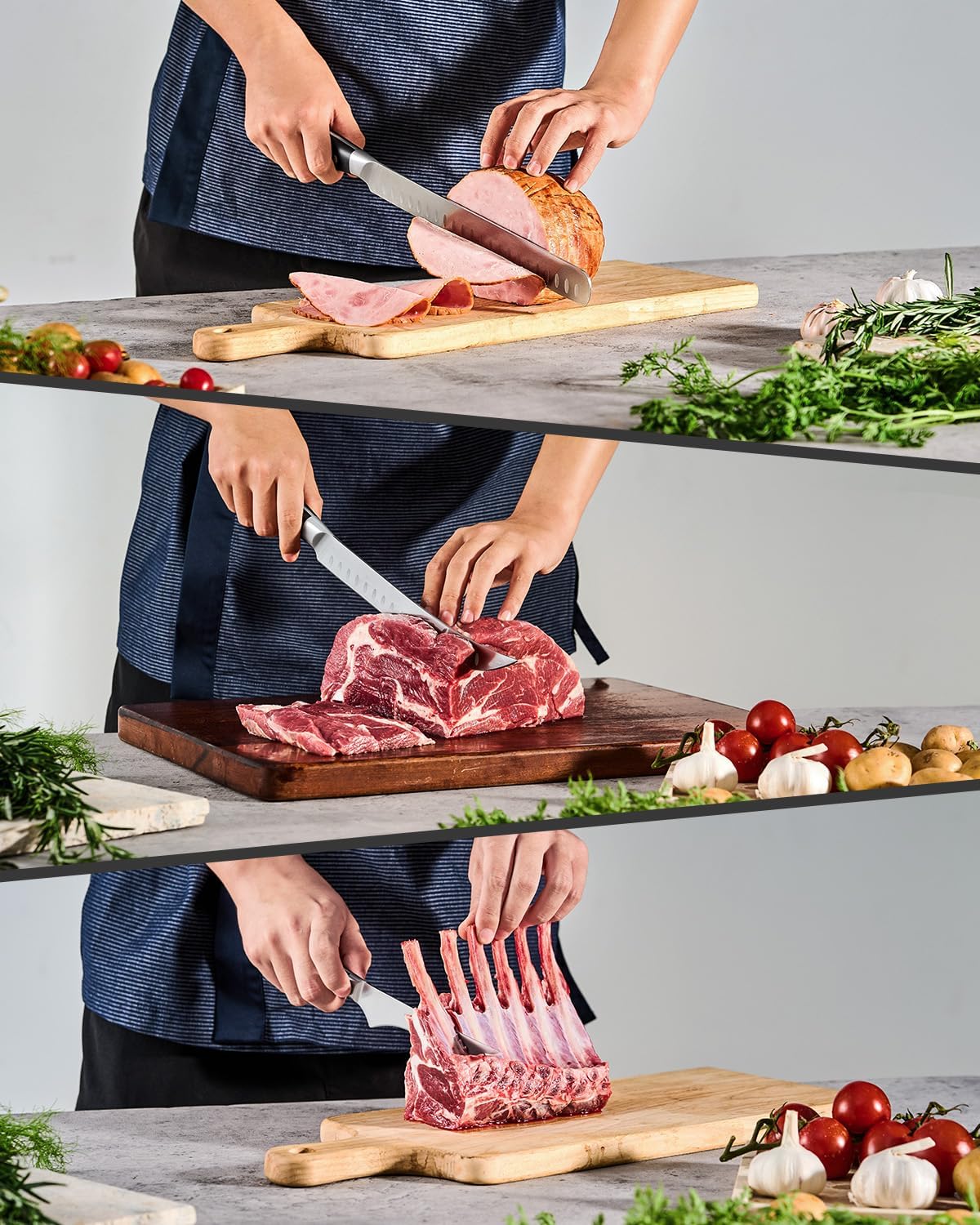 KYOKU 3pc Kitchen Knife Set, Samurai Series 6.5" Boning Knife 12" Slicing Knife 10" Butcher Knife Set, High Carbon Steel Japanese Style Knives with Pakkawood Handle Sheath for Meat Fruit Vegetable - Image 2