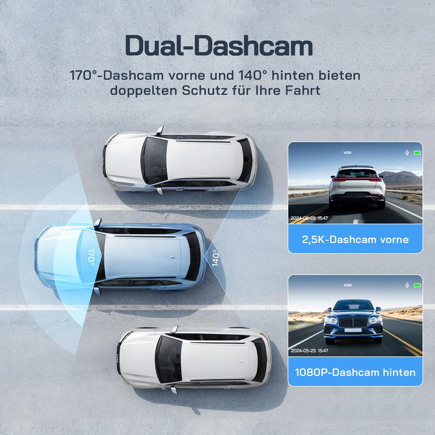 WOLFANG Dashcam Auto Vorne Hinten 2,5K+1080P Auto Kamera, Ultra Nachtsicht, 170°Weitwinkel, WDR, 24 Std. Parkmodus, G-Sensor, Loop-Aufnahme