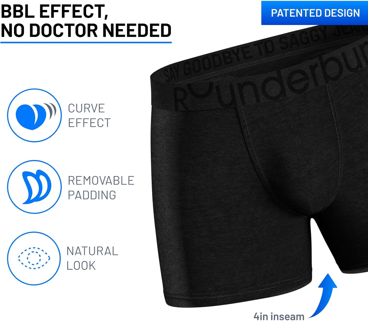 Rounderbum Men's Padded Underwear Boxer Briefs with Removable Butt Enhancing Pads - Black, Small - Padded Tech, Body Shaping, Invisible Under Clothing, More Volume Instantly - Image 5