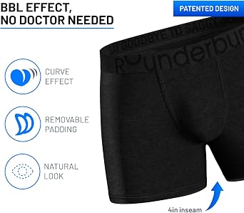 Rounderbum Men's Padded Underwear Boxer Briefs with Removable Butt Enhancing Pads - 4 Colors - More Volume Instantly