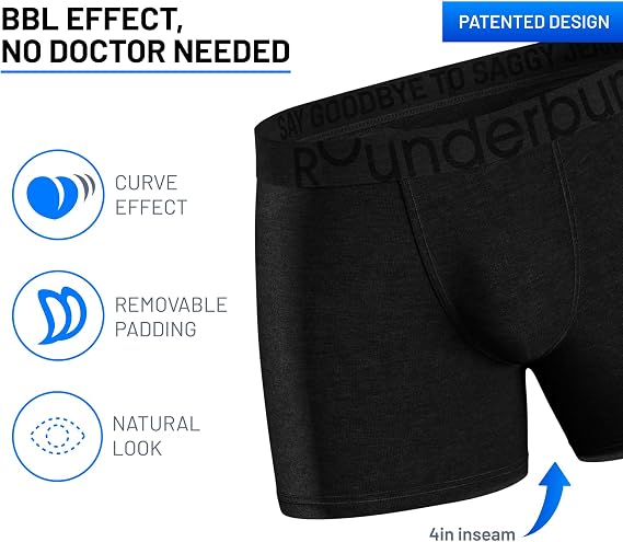 Rounderbum Men's Padded Underwear Boxer Briefs with Removable Butt Enhancing Pads - 4 Colors - More Volume Instantly
