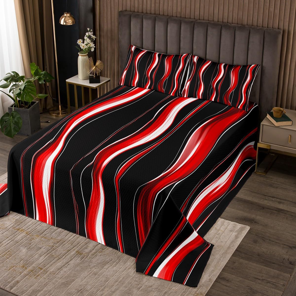 Erosebridal Modern Abstract Coverlet Set King Size Green Striped Bedding Set for Kids Girls Boys Black Simple Minimalist Art Quilted Coverlet Contemporary Geometric Quilted Waves