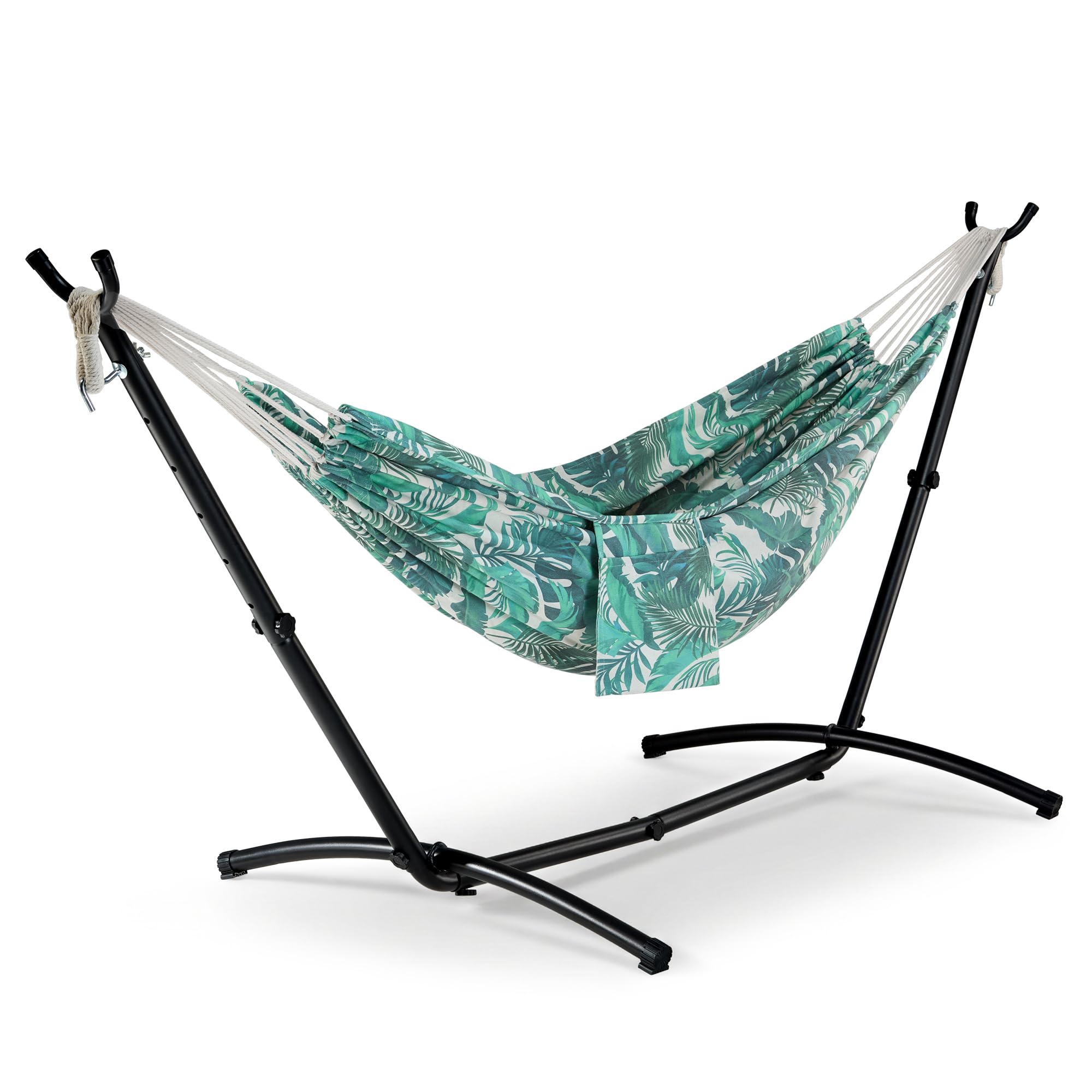 Vonhaus Hammock with Stand - Freestanding 2 Person Hammock Seat with Steel Frame - Polycotton Material & Adjustable Frame for Garden - Travel Bag for Beach, Camping & Outdoors - Leaf Print