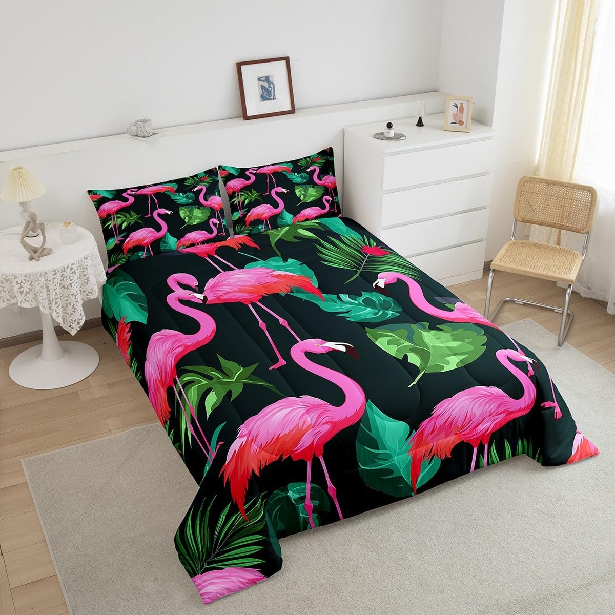 Flamingo Kids Comforter Set Full Size,Tropical Botanical Palm Leaves Bedding Set,Girls Women Room Decor,Wild Birds Animals Hawaii Summer Beach Down Comforter,Pink Green Duvet Insert,2 Pillowcases