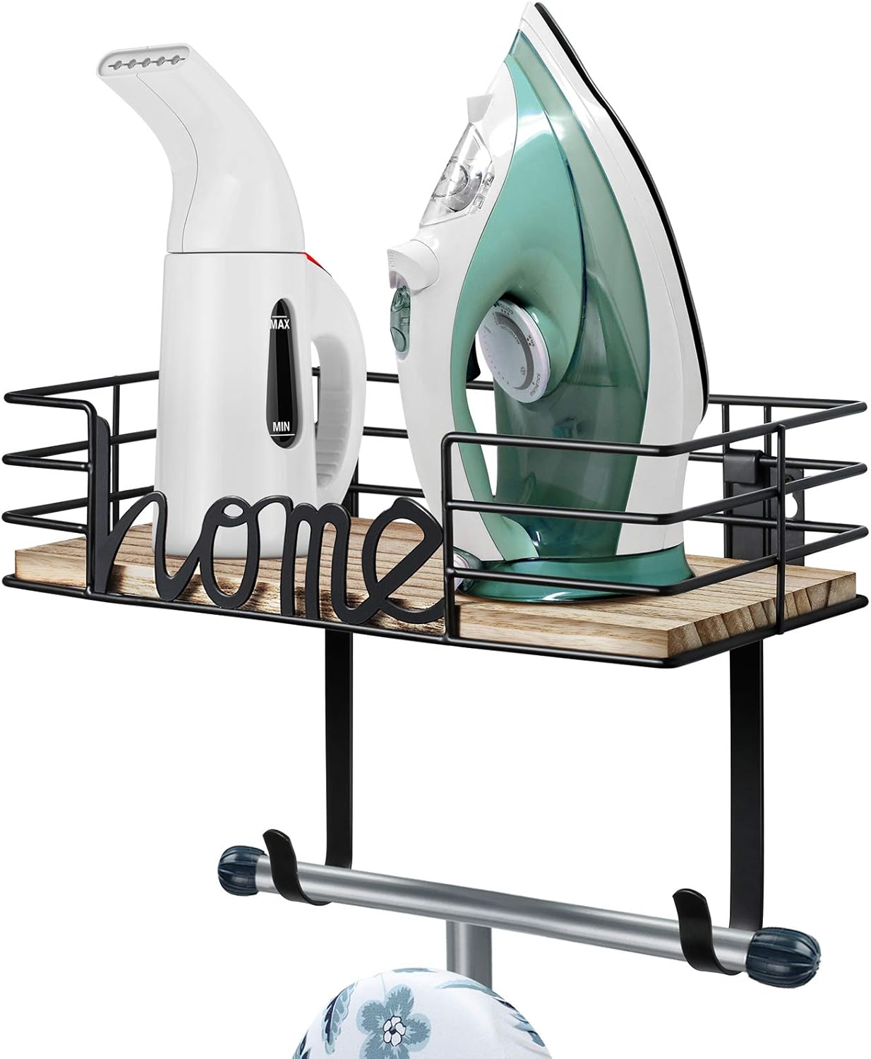 TJ.MOREE Ironing Board Hanger - Laundry Room Iron and Ironing Board Holder, Metal Wall Mount with Large Storage Wooden Base Basket and Removable Hooks (Black) : Home & Kitchen