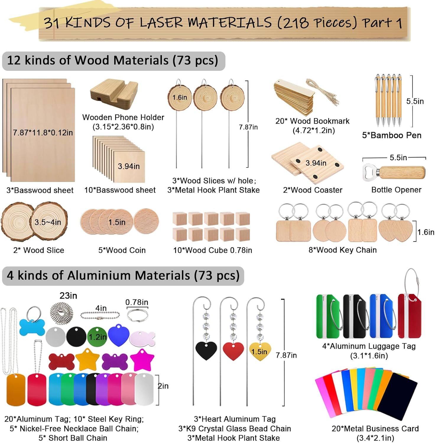 Leafcraft 218PCS Laser Engraving Material Explore Kit, 31 Kinds Laser Cutting Engraving Accessories Include Acrylic, Metal, Wood, Felt, PU Leather, Cork, Rock, Rubber for Engraver Machine DIY Crafting