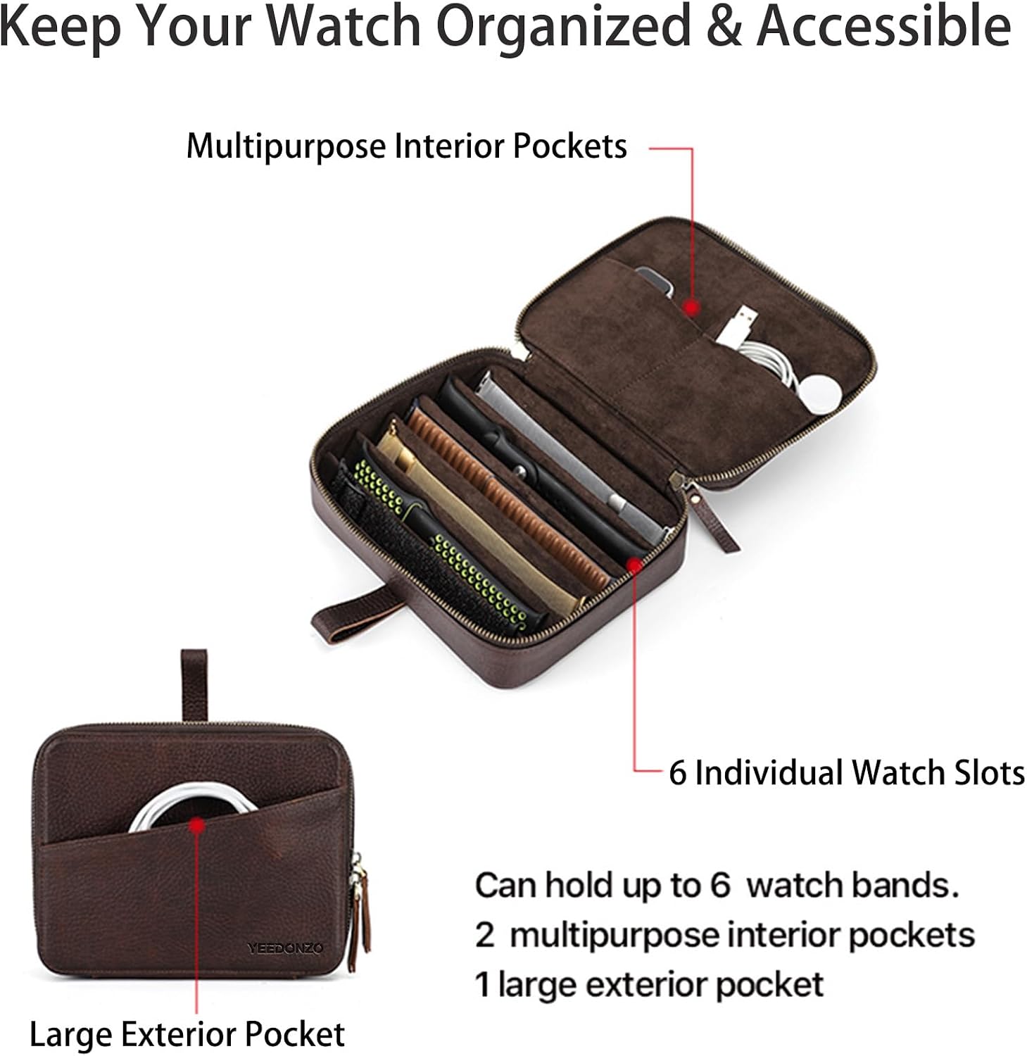 Leather Watch Band Case, Full Grain Leather Watch Straps Case 6 Slot with 3 extra space, Smooth Dual Zipper Design, Handmade, Portable Organizer for Watch Straps