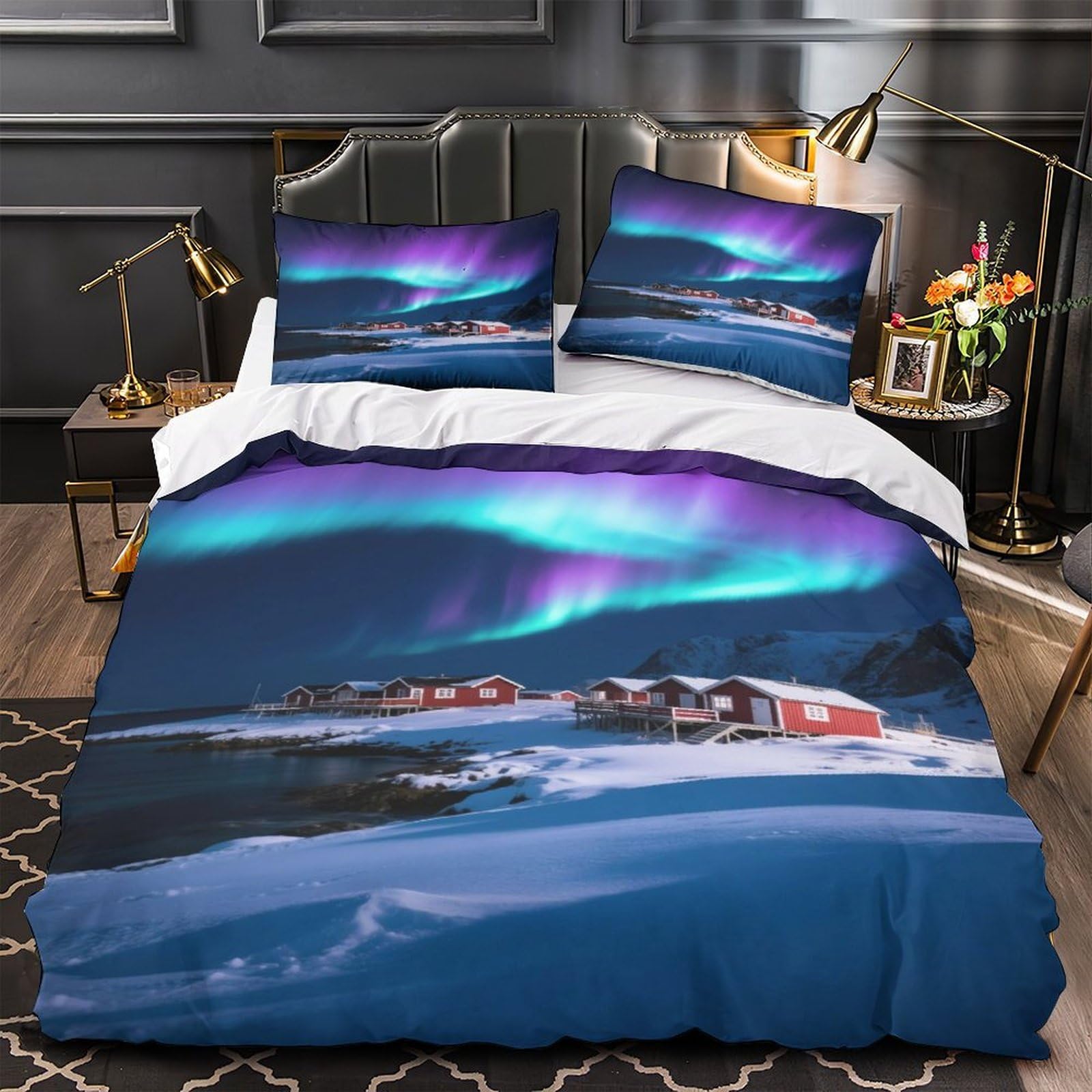 Housse de couette 3D aurores boréales parure de lit single 135x200 paysage d'hiver