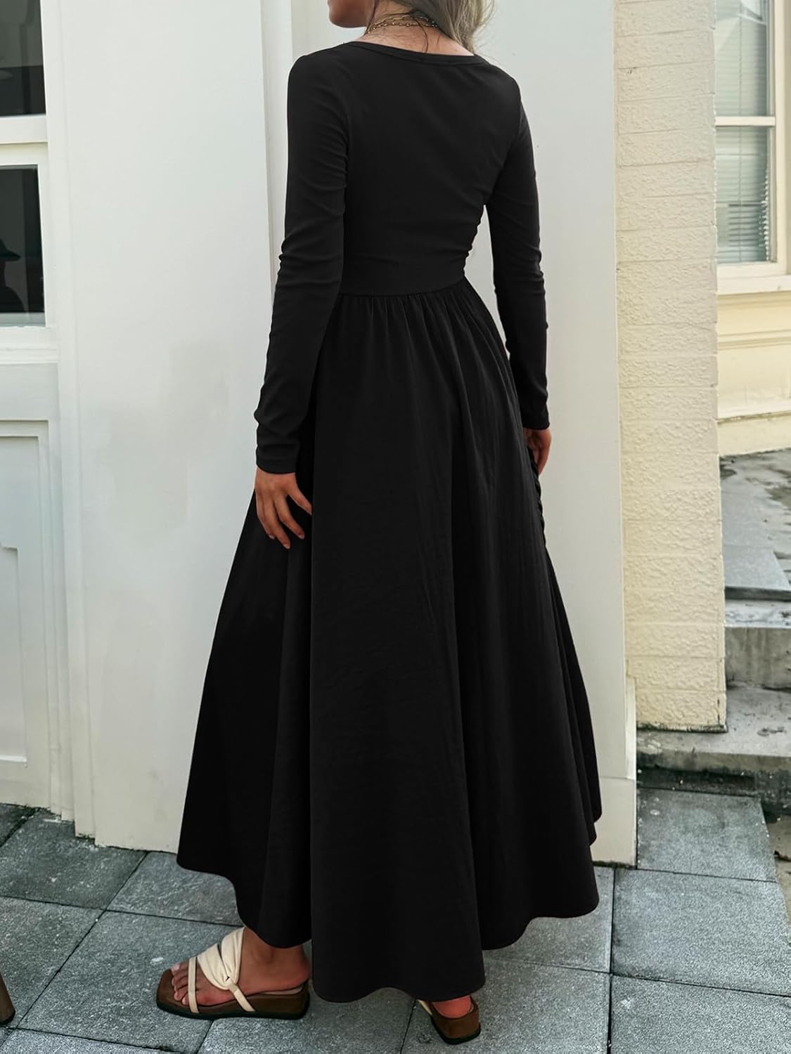 2026 Spring Maxi Dress for Women Square Neck Long Sleeve Patchwork Ribbed Knit Dress Flowy A Line Dress with Pockets - Image 5