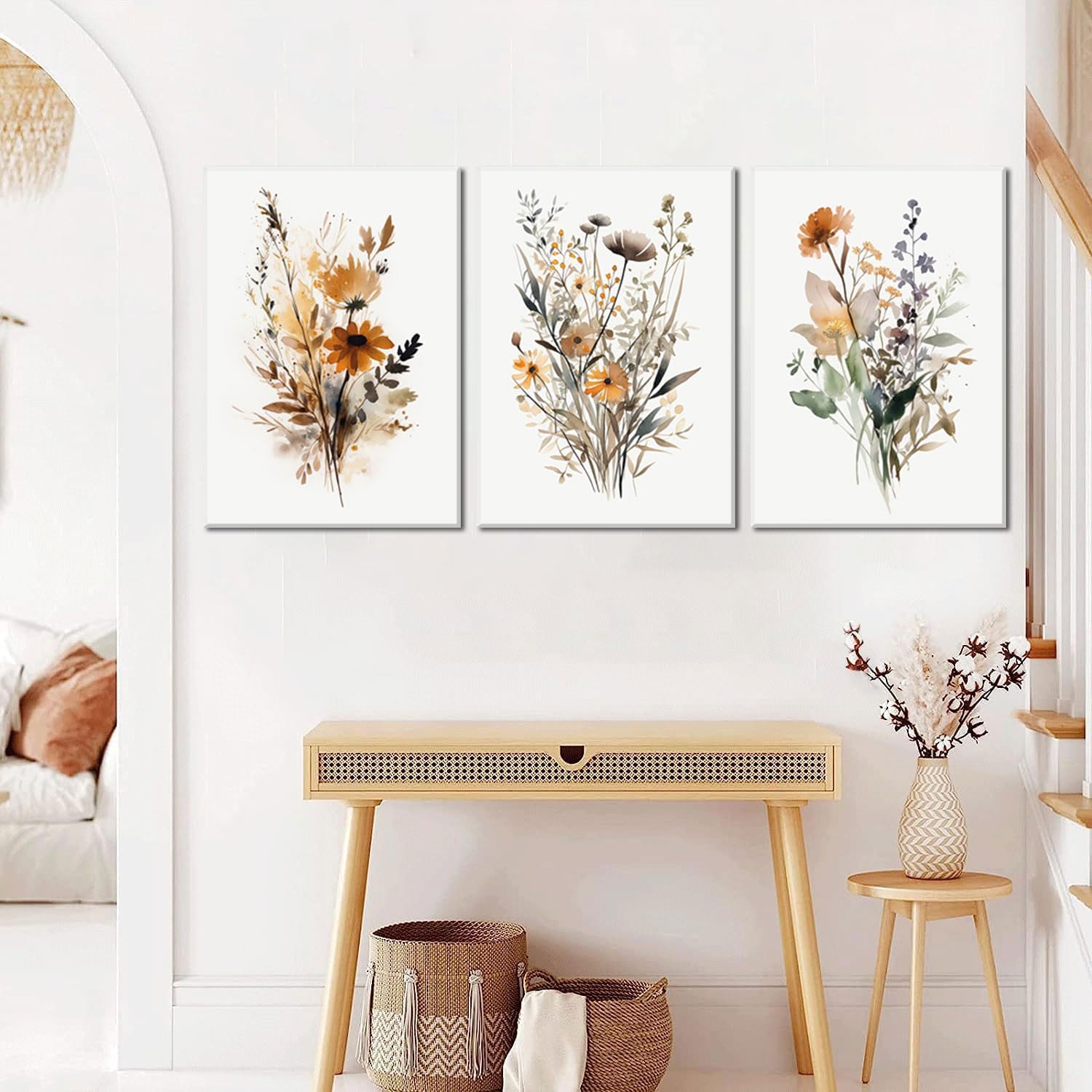3Pcs Framed Floral Plants Wall Art Vintage Minimalist Wildflower Picture Poster Colorful Country Flower Artwork Abstract Watercolor Landscape Canvas Prints For Garden Farmhouse Painting Wall Decor