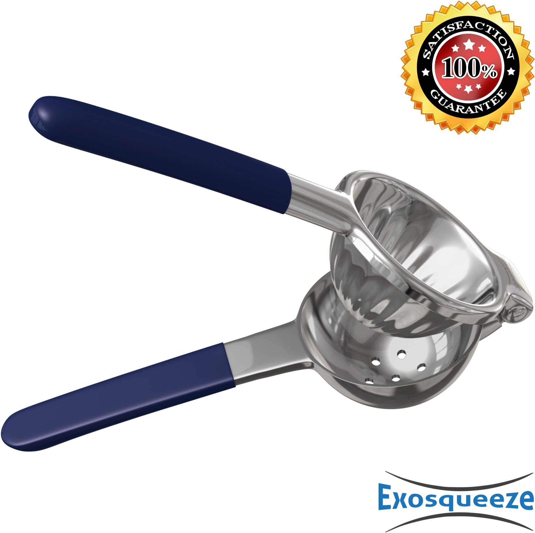 Exosqueeze Stainless Steel Lemon and Lime Squeezer with Silicone Handles - Manual Juicer Extracts Almost Every Drop of Juice