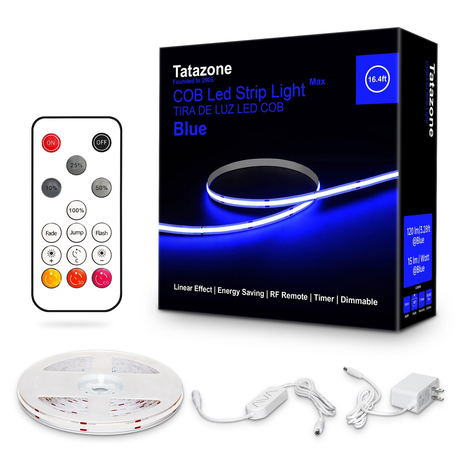 Tatazone 16.4ft Blue COB Led Strip Lights with RF Remote, Dimmable Bright Adhesive Indoor Led COB Light Strip for Cabinet, Paintings, Room, Bed