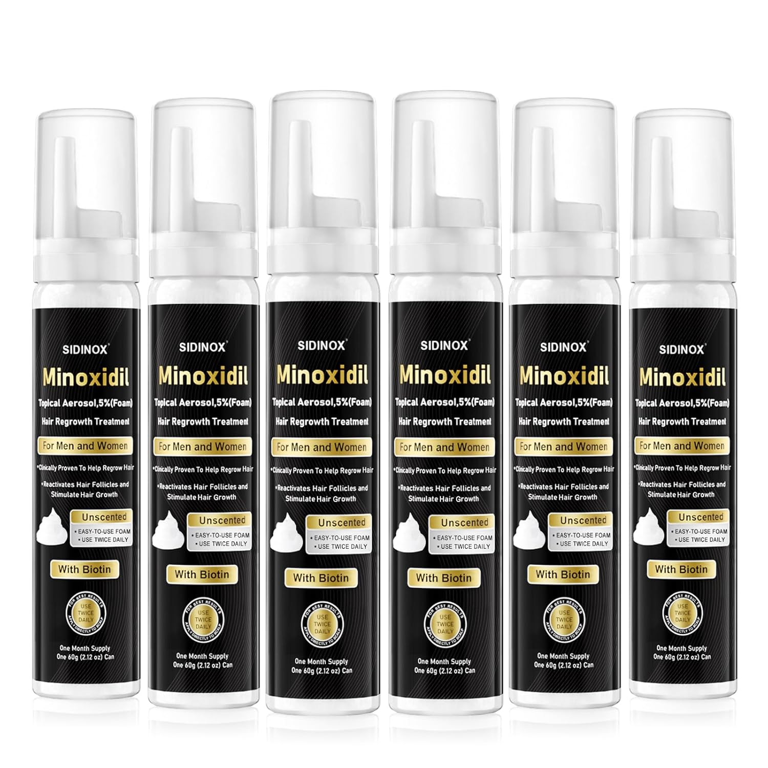 5% Minoxidil Foam for Men & Women - Hair Growth Treatment with Biotin, Non-Greasy Fast Absorbing Foam for Thinning Hair, Regrow Fuller Thicker Hair & Beard, 6 Month Supply (6 x 2.12 oz)