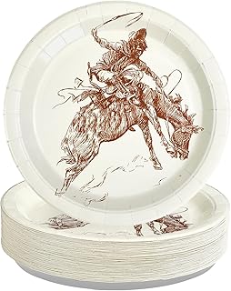 50Pcs Western Cowboy Paper Plates 10" Heavy Duty Disposable Christmas Rodeo Dessert Plates Wild West Cowboy Party Decoration for Boy Men Western Themed Birthday First Rodeo Bachelorette Party Supplies