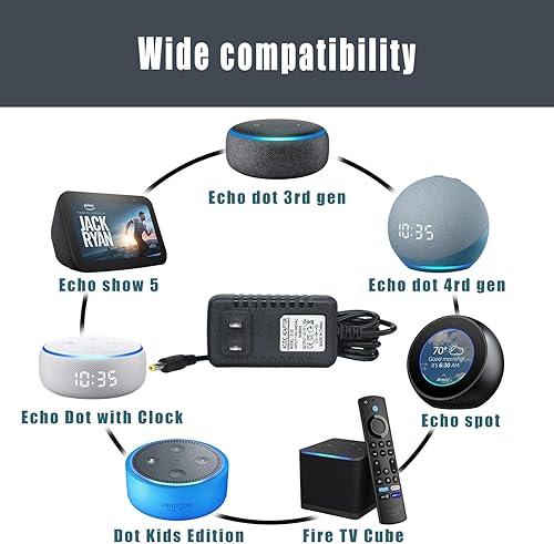 Miniatura 5 de Cargador de 15 W para Alexa Dot 5 GenDot 4 Gen3 GenEdición InfantilCubo de TVShow 5 Adaptador de repuesto de cable de carga, negro