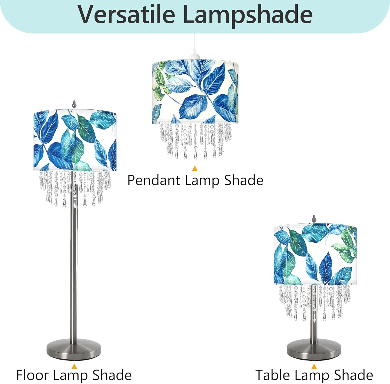 Blue Leaf Tropical Leaf Lamp Shade with Acrylic Bead Droplets, Drum Fabric Light Shade for Ceiling Pendant Table or Floor Lamps, Botanical Nature Home Decor, 11.8in