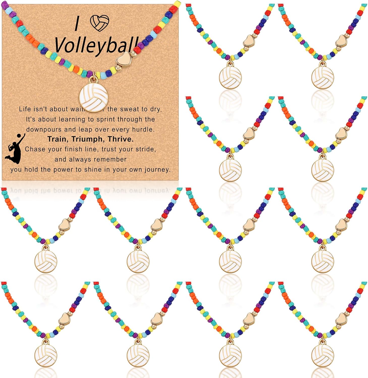 Tondiamo 20 Sets Easter Volleyball/Softball Colorful Beaded Choker Necklace Gifts with Inspirational Card 18+2 Inches for Women Sport Team Accessories Birthday Gift