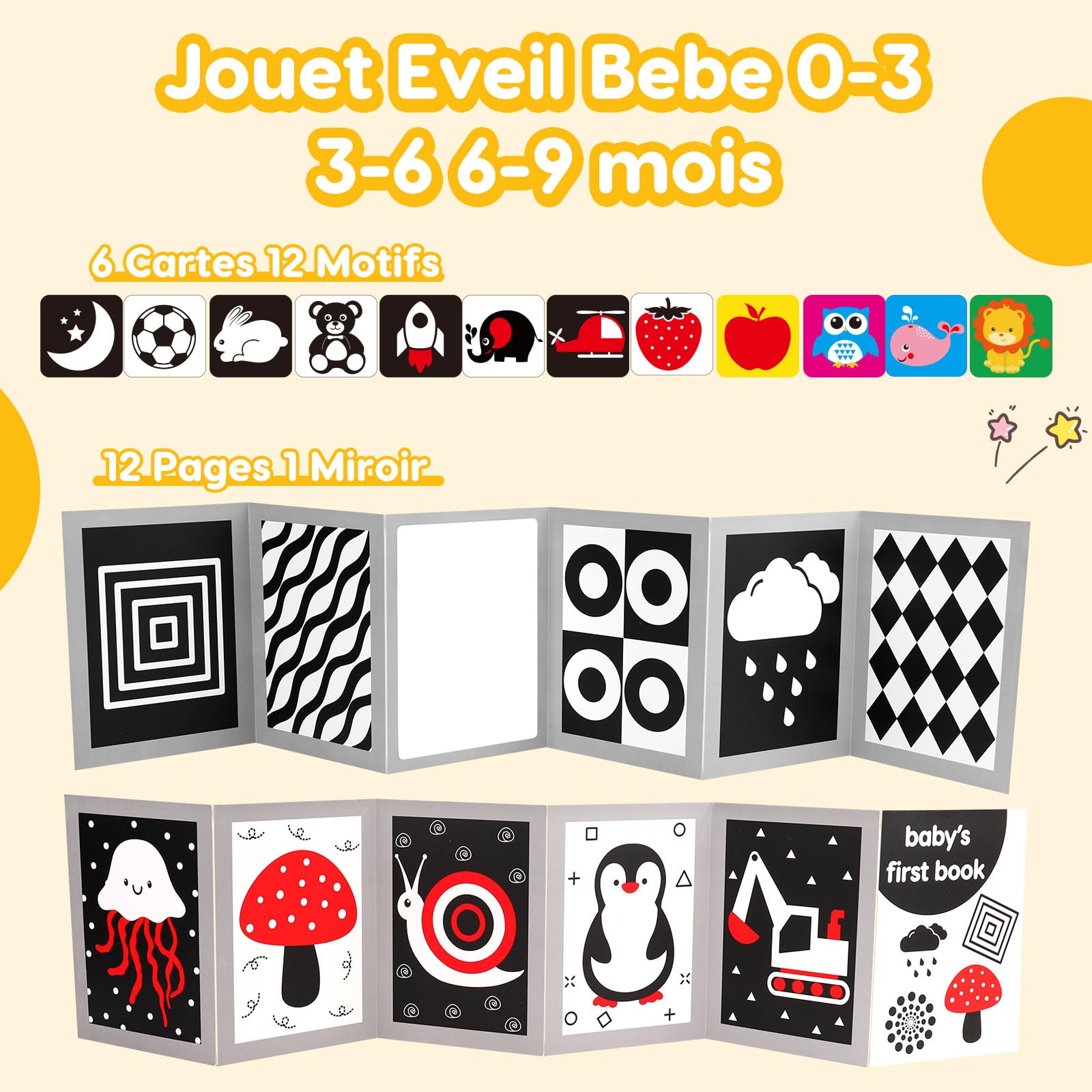 Livre Eveil Bebe 0-3 0-6 Mois, Livre Noir et Blanc Bébé Sensoriel avec Miroir Tummy Time, Carte Contraste Montessori Jeux d’eveil Jouet Bebe 0 3 6 Mois, Cadeau Bébé Naissance Garcon Fille Nouveau-Né