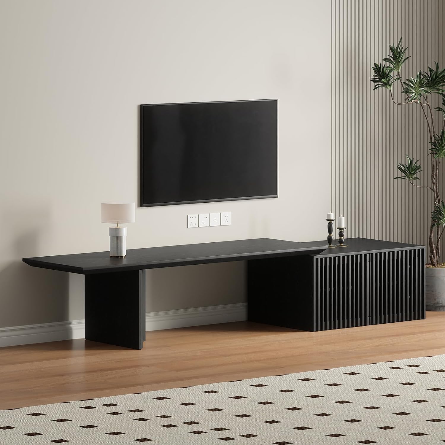 XEW Extendable TV Stand with Storage and Shelves, Wood Entertainment Center for 55+ Inch TV, Modern TV Console, Minimalist Media Console for Living Room, Bedroom-Black (Extendable: 60.6"-84.3")