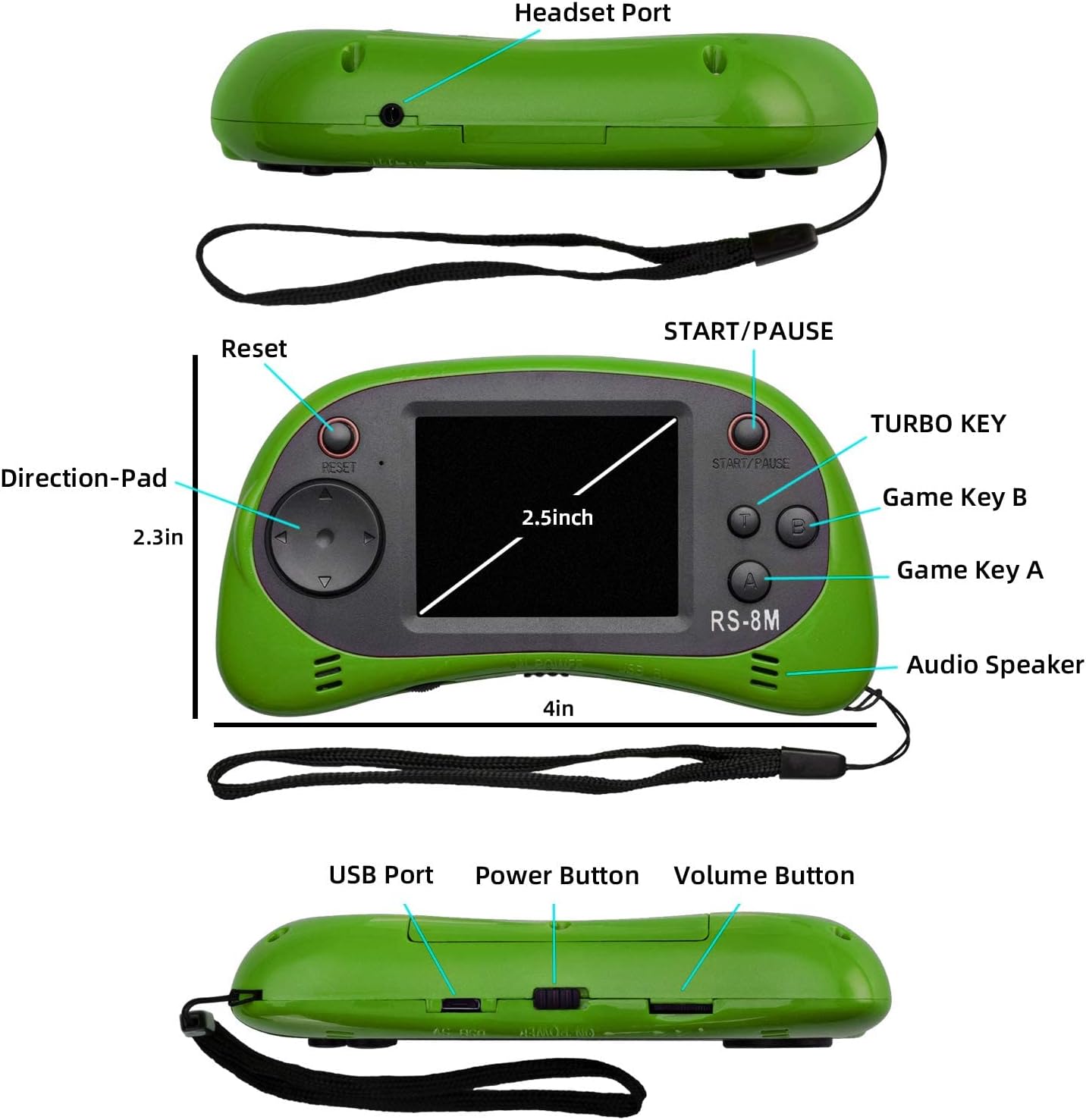 E-MODS GAMING Kids Handheld Games 16 Bit Retro Video Games Console with 220 HD Electronic Games - 2.5'' LCD Portable Travel Games Entertainment Gifts for Boys Girls Ages 4-12 (Lime Green) : Toys & Games