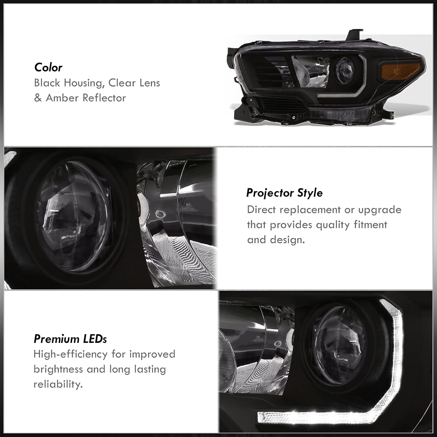 AJP Distributors Black Housing Clear Lens Amber Signal Driving Projector Headlights + LED DRL Strip Lamps Assembly Pair Compatible/Replacement For Tacoma Pickup 2016 2017 2018 2019 2020 2021 2022 2023