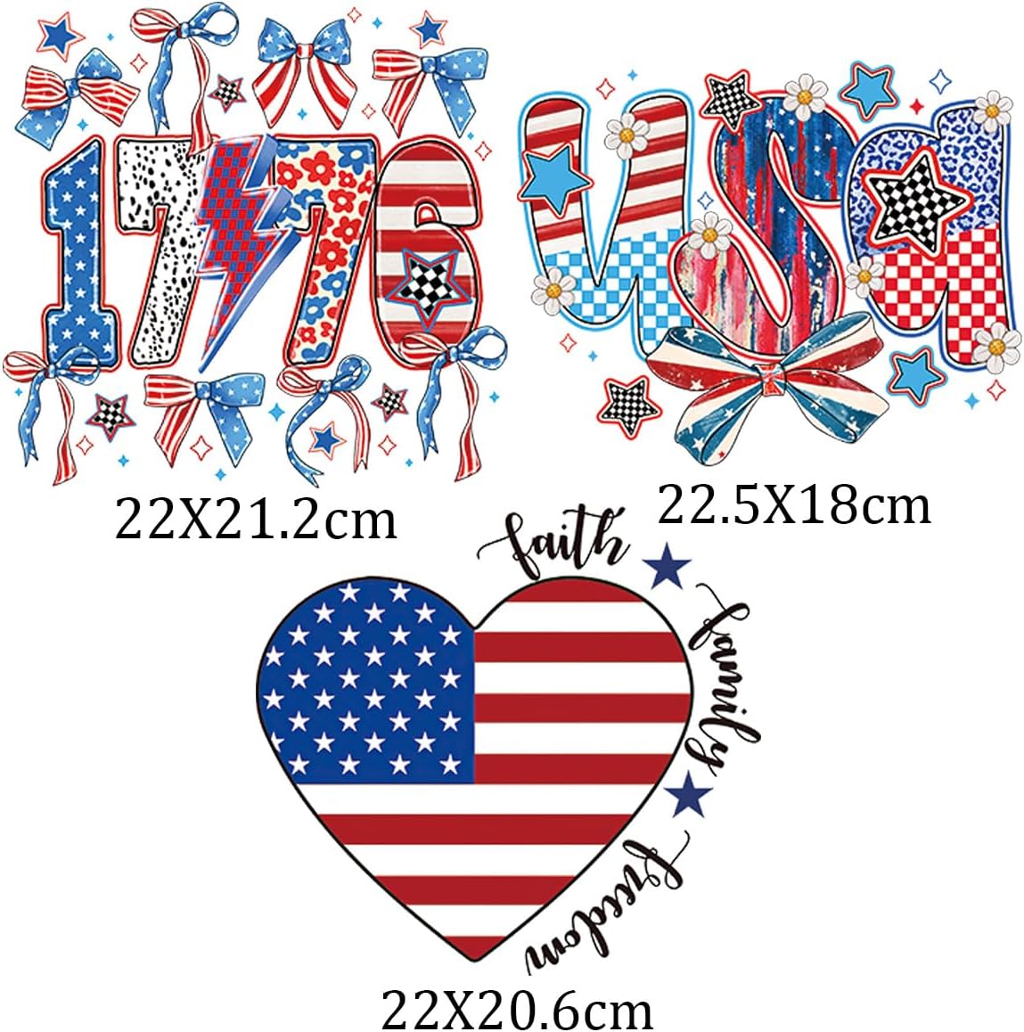 3Pcs 4th of July Iron on Transfers Independent Day Iron on Decals Patches American Flag Heart Heat Transfers Vinyl Decals Patriotic 250th Anniversary Transfers Ready to Press for T-Shirt Bag DIY