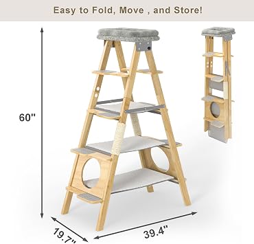 GDLF Modern Wood Cat Tree Foldable Ladder Design with Hammock & Sisal Scratch Post, Solid Wood Tall Tower for Large Cat Easy Clean 60 H