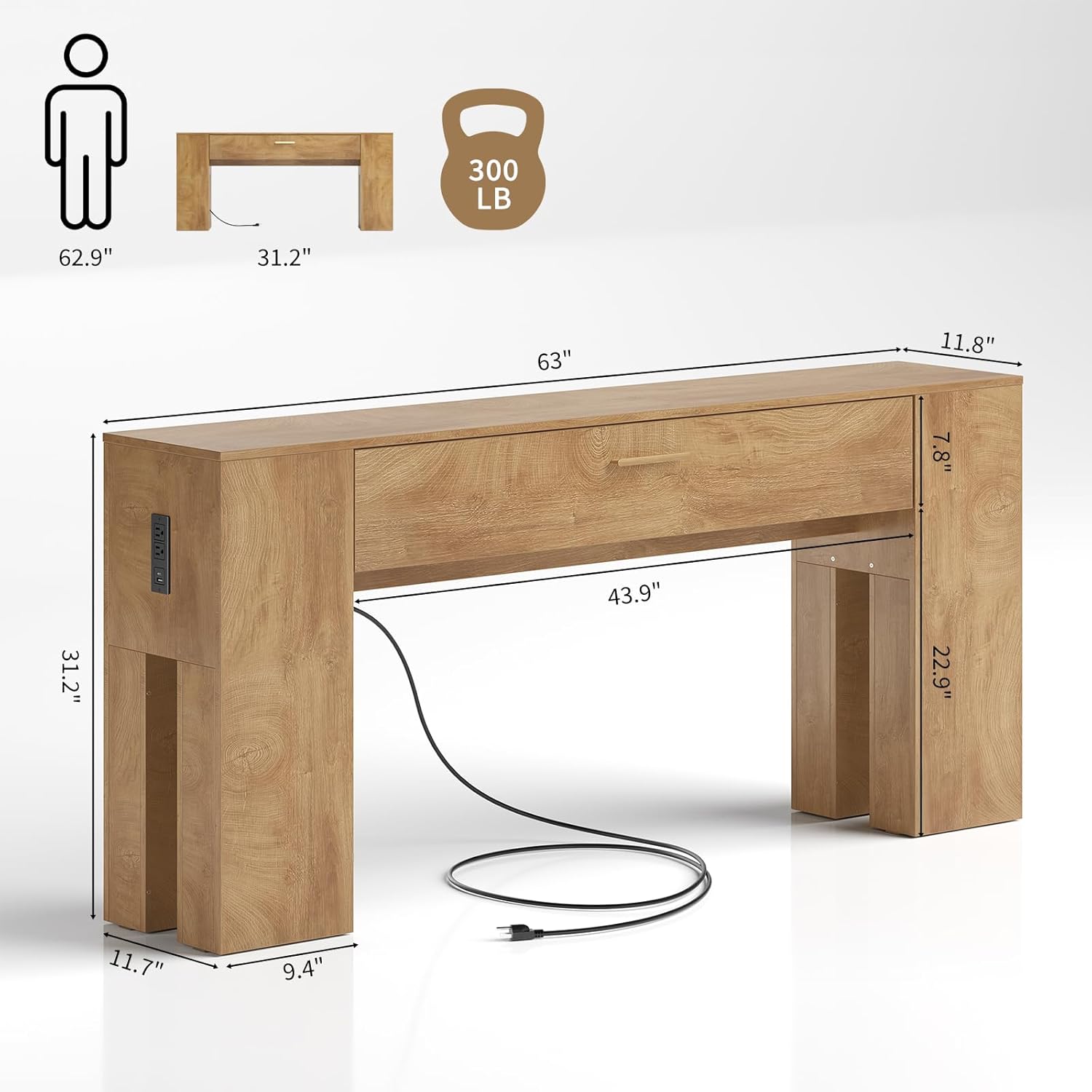 GOLDDAY 63 inch Console Tables with Charging Station and LED Light, Farmhouse Wooden Sofa Table with Drawer, Entryway Table with Wooden Bases, Behind The Couch Table for Hallway, Living Room, Brown