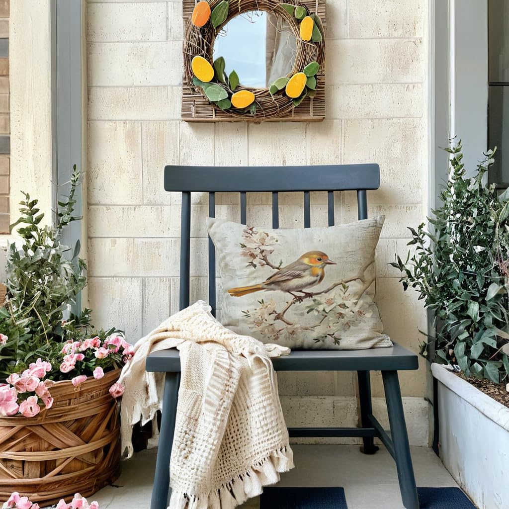 7COLORROOM Set of 2 Watercolor Birds Pillow Covers Spring Flower & Hummingbird Cushion Covers White and Grey Painting Birds Home Decorative Pillowcases 18x18 inch for Patio Furniture Bed (White/Grey) 2