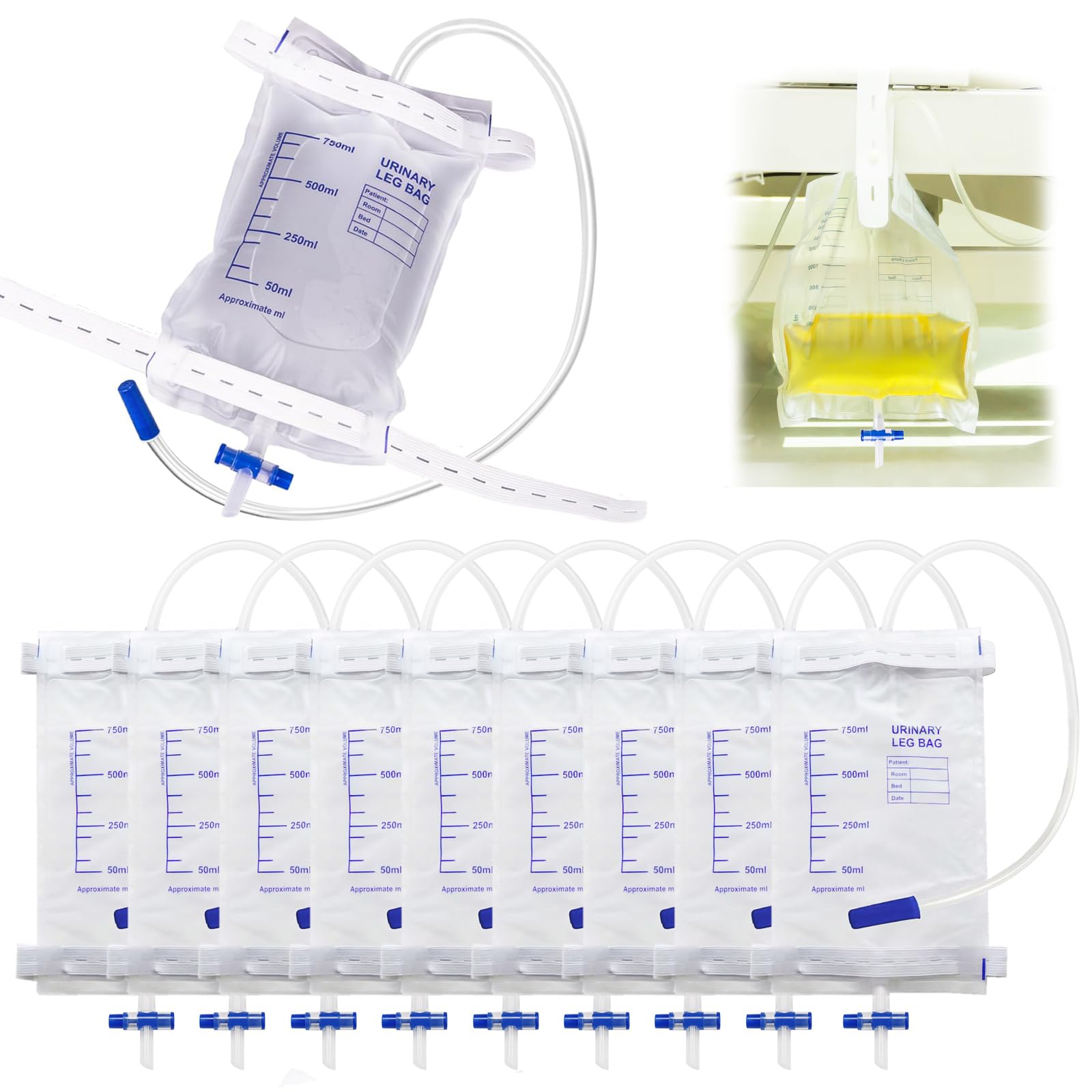 10pcs Bolsas de Orina para Pierna 750ml, Bolsas de Drenaje Orina con Película Antirreflujo, Bolsa de Recogida de Orina, Bolsa de Drenaje con Válvula, Drenaje y Correas de Tela