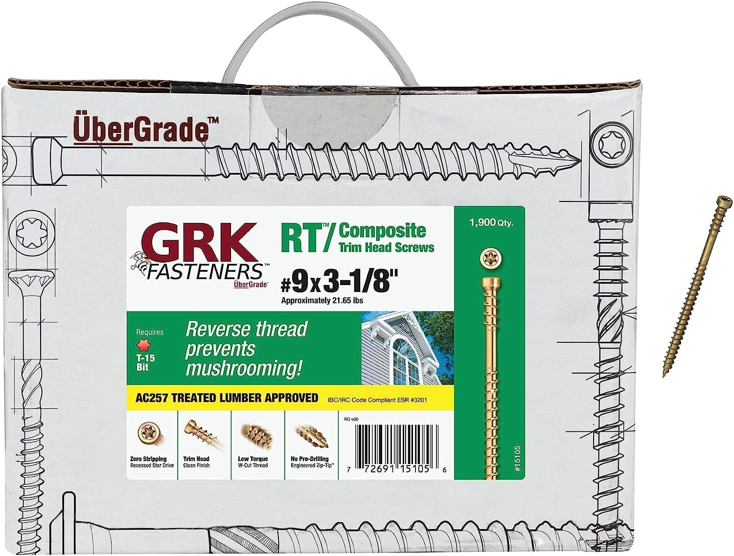 GRK 9 x 3-1/8" 15105 RT Composite Exterior Trim Screws 1900 Count, Gold