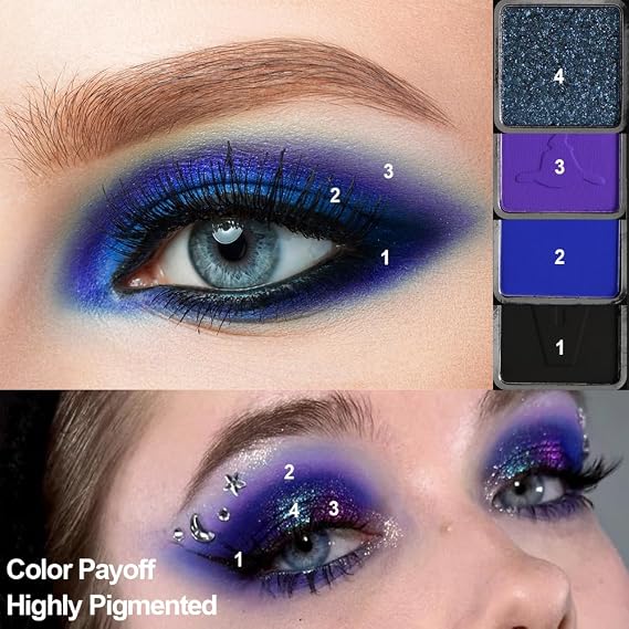 Afflano Goth Eyeshadow Palette Purple Blue, Multichrome Chrome Blue Purple Matte Black White Grey Dark Eye Shade, Gothic Halloween Makeup Eye Shadow Pallet for Costume Joker Clown Cosplay SFX Makeup