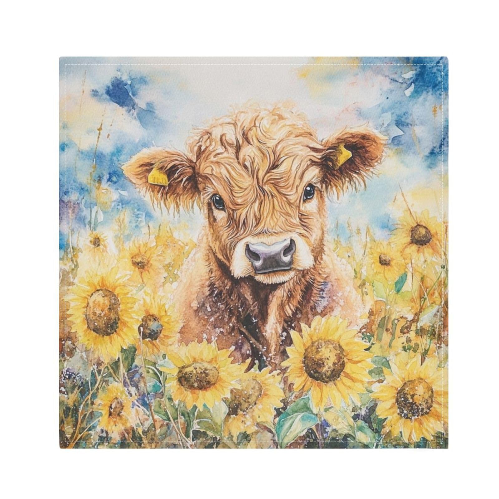 Ttgoth Cute Cow Sunflower Cloth Napkin Set of 6 Washable & Reusable Dinner Napkins for Dining Table, Banquets, Wedding, Party, 50x50 cm