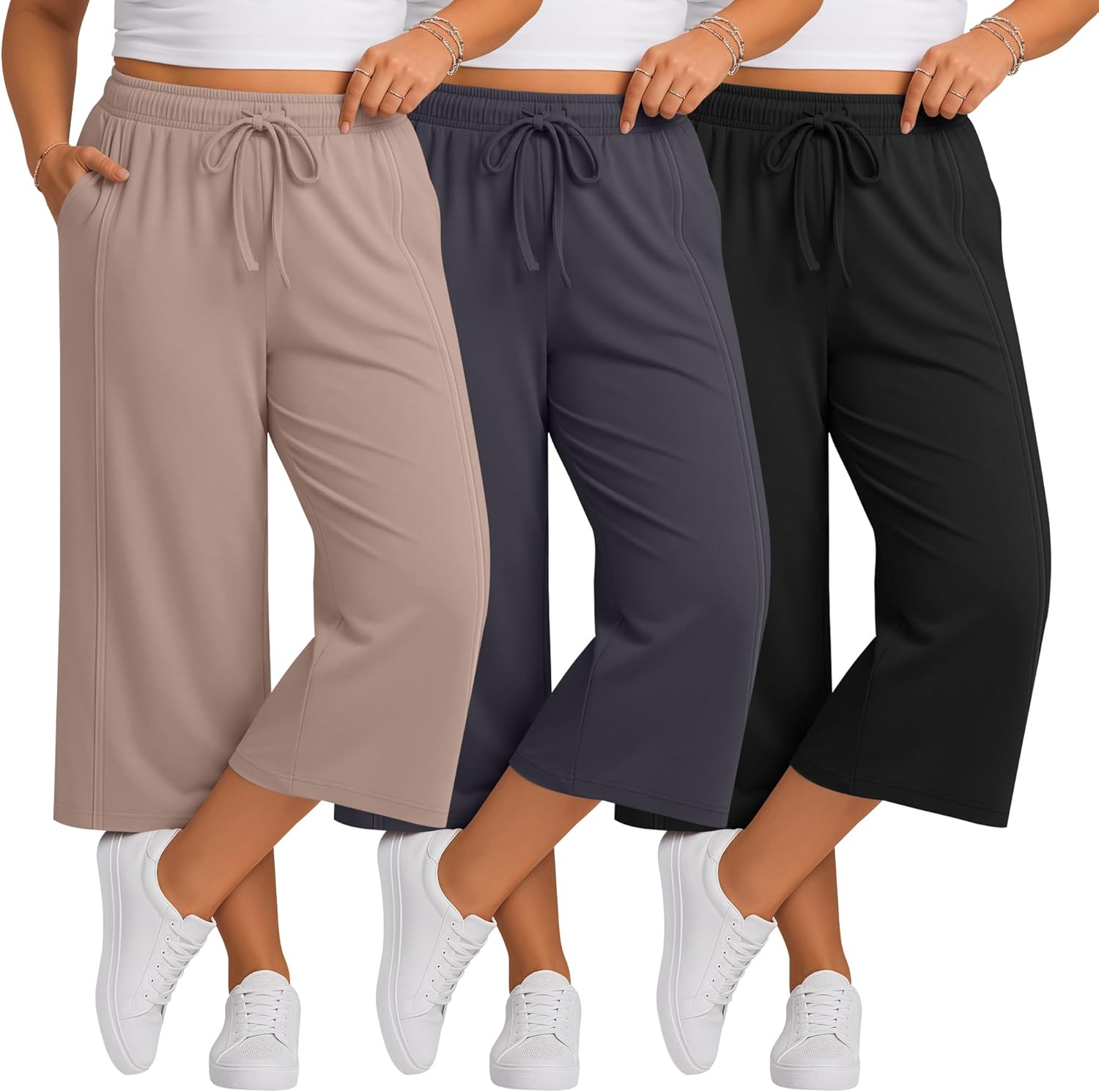 3 Pack Womens Plus Size Capri Pants Wide Leg Casual Elastic Waist Crop Pants Loose Fit Yoga Sweatpants with Pockets