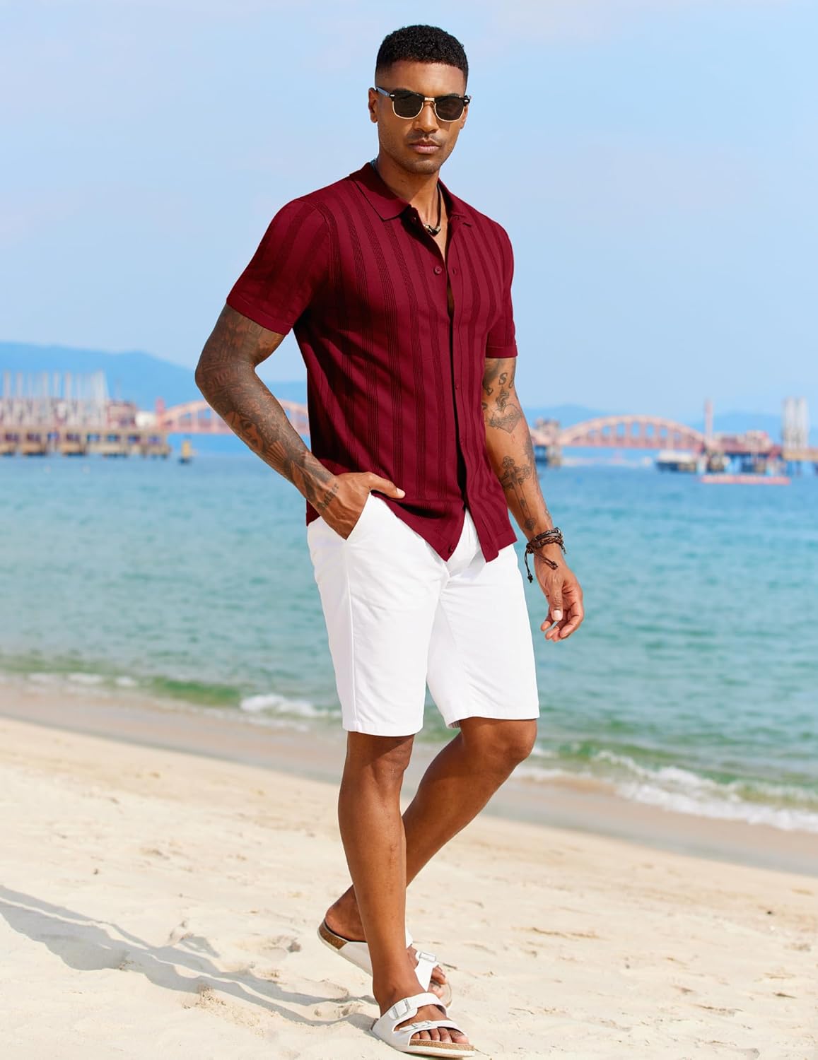 COOFANDY Men's Knit Polo Shirt Vintage Button Down Shirt Short Sleeve Hawaiian Shirt 2025 Summer Fashion Beach Shirts - Image 4