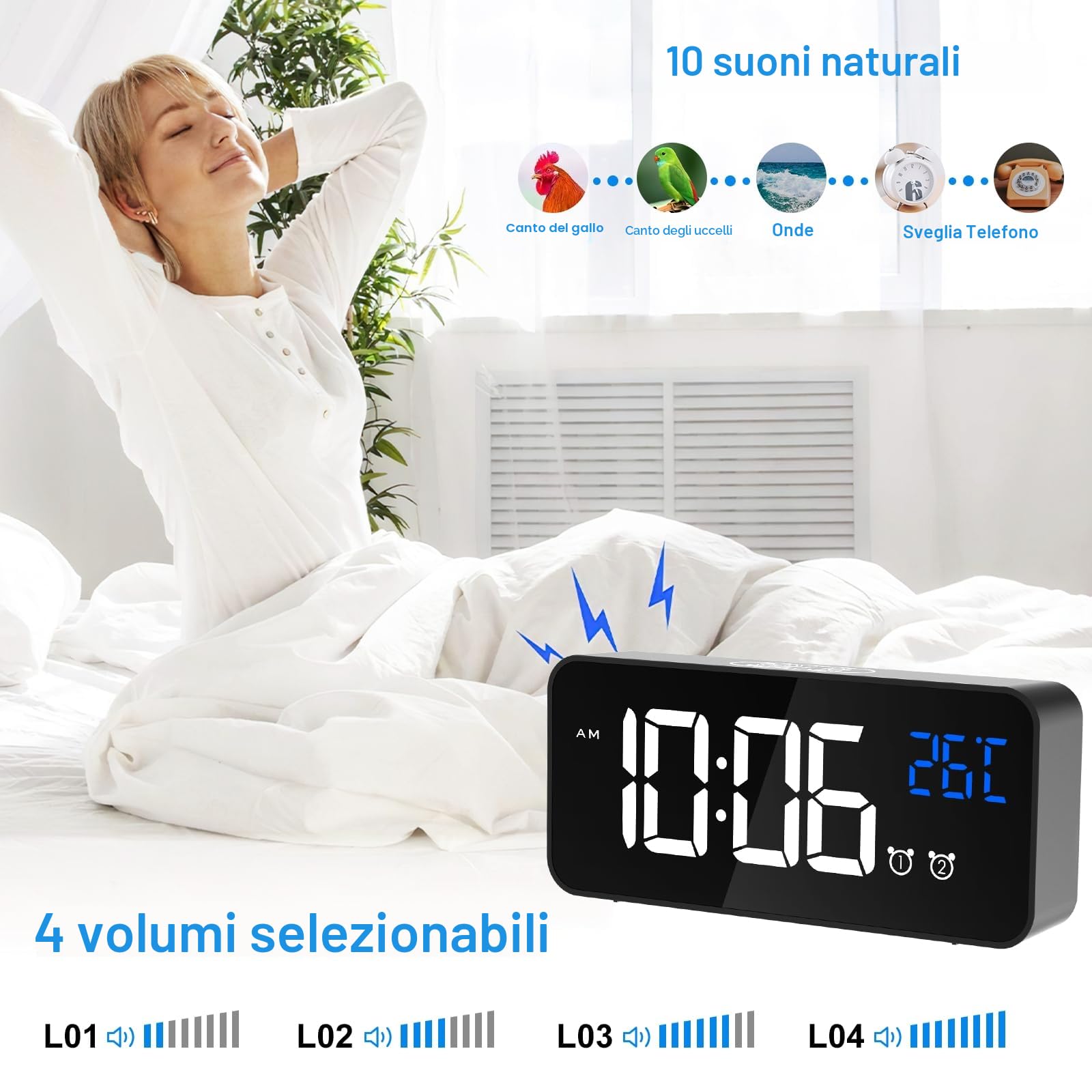 CHEREEKI Sveglia digitale, sveglia digitale con sveglia, doppio allarme digitale con temperatura, 4 luminosità regolabile, funzione snooze, porta di ricarica USB, 12/24 ore, 13 musica (nero)