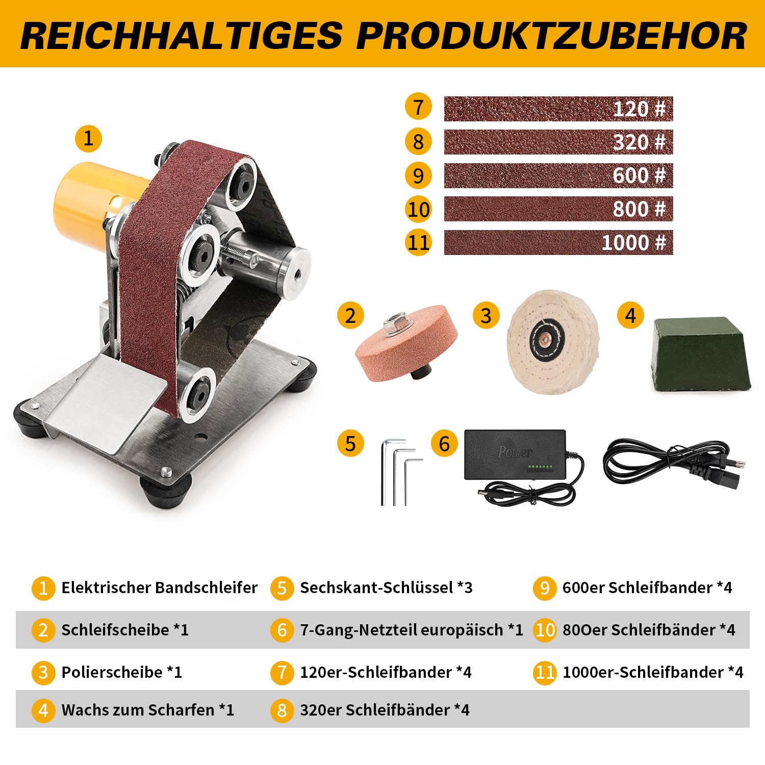 SI FANG Mini Bandschleifer，Elektrischer Band Schleifmaschine，7-Stufig Einstellbare Messerschärfer mit 20pcs 330x30 mm Schleifbänder Geliefert für Holz- und Metallbearbeitung