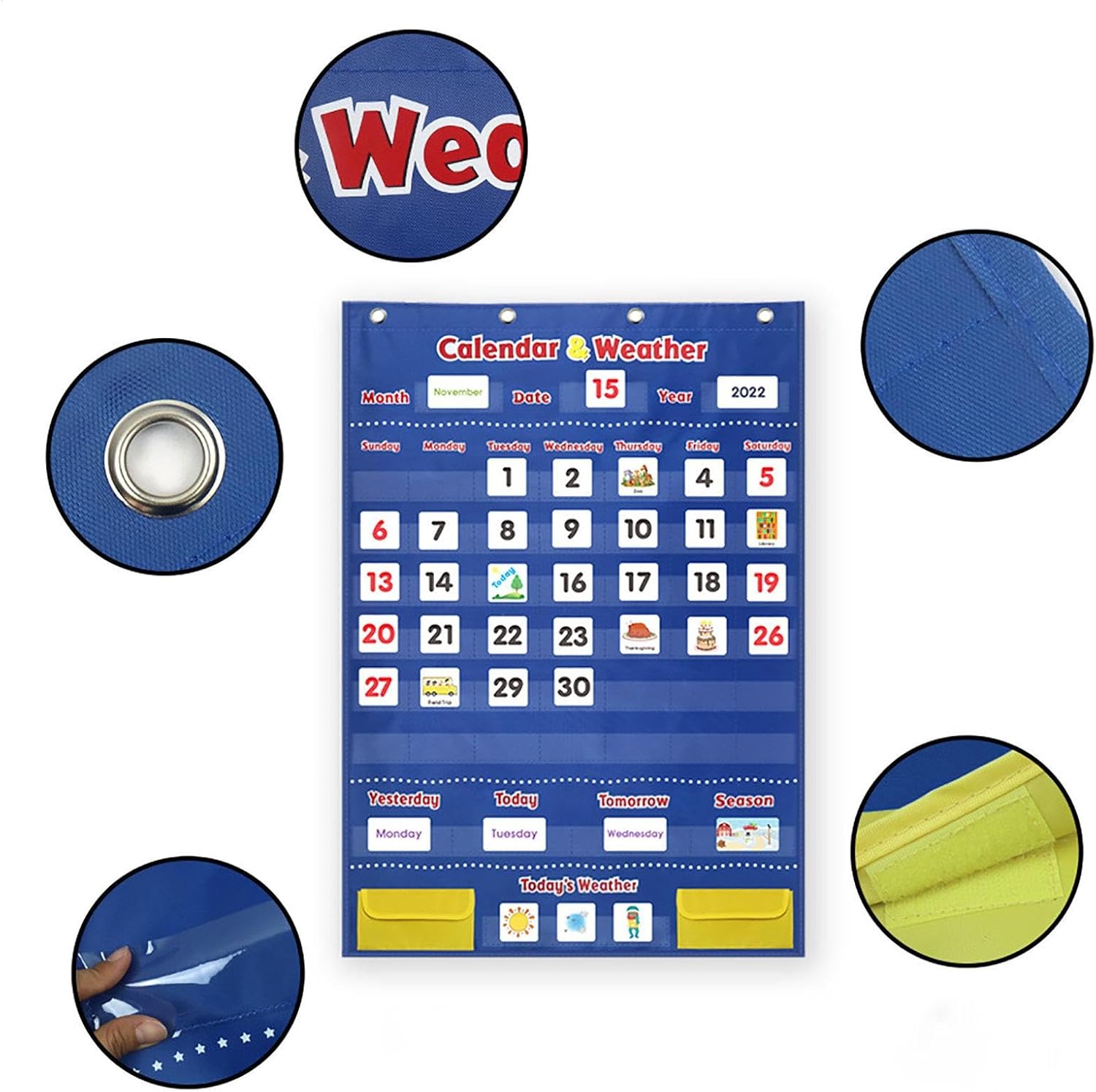 カレンダーポケットチャート - カードポケット付き天気カレンダー、ホリデーアクティビティ学習補助 | 月間カレンダーと天気ポケットチ