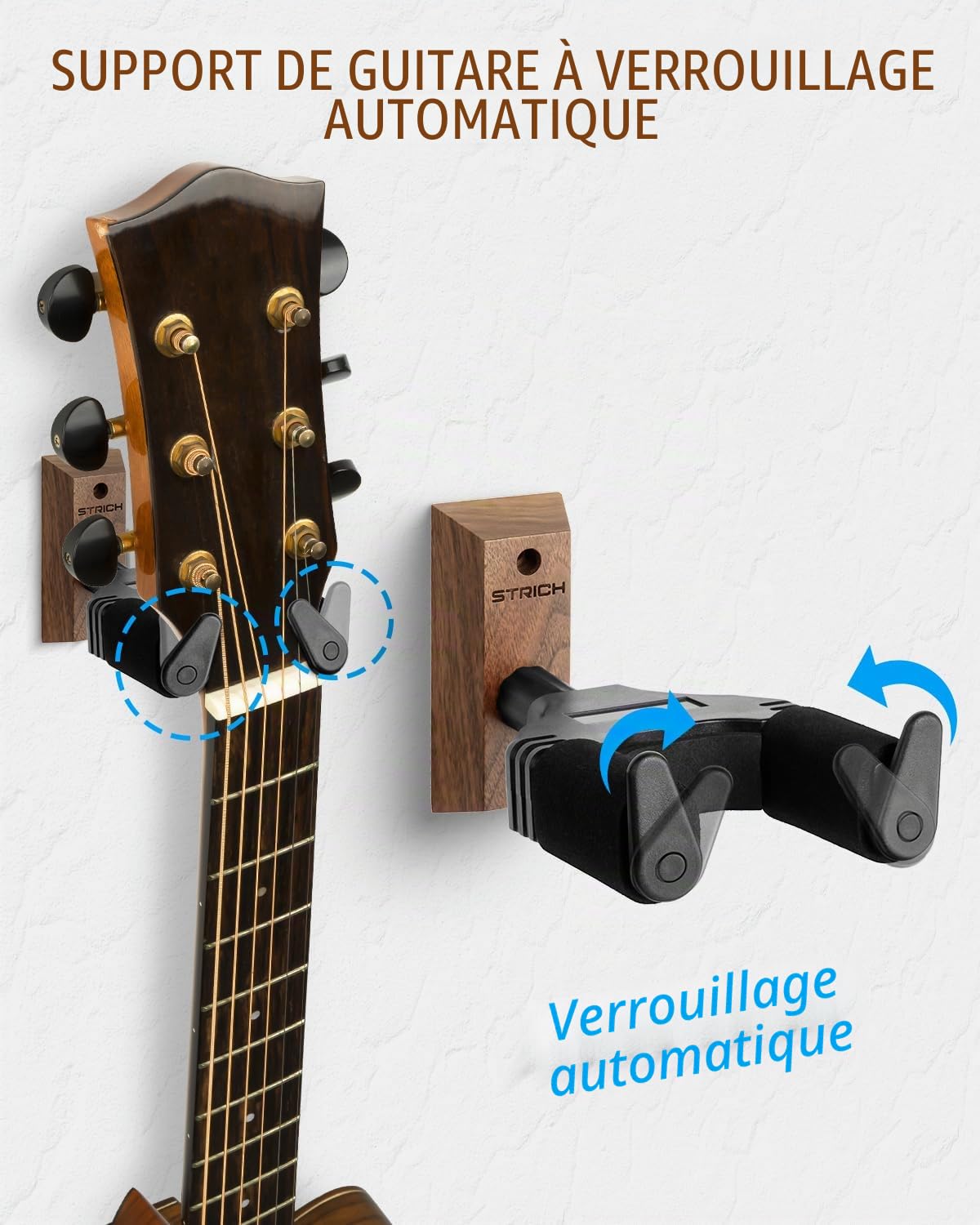 STRICH Lot de 3 supports muraux pour guitare, noyer, en forme de U avec vis, verrouillage automatique pour guitare acoustique, électrique, banjo, basse