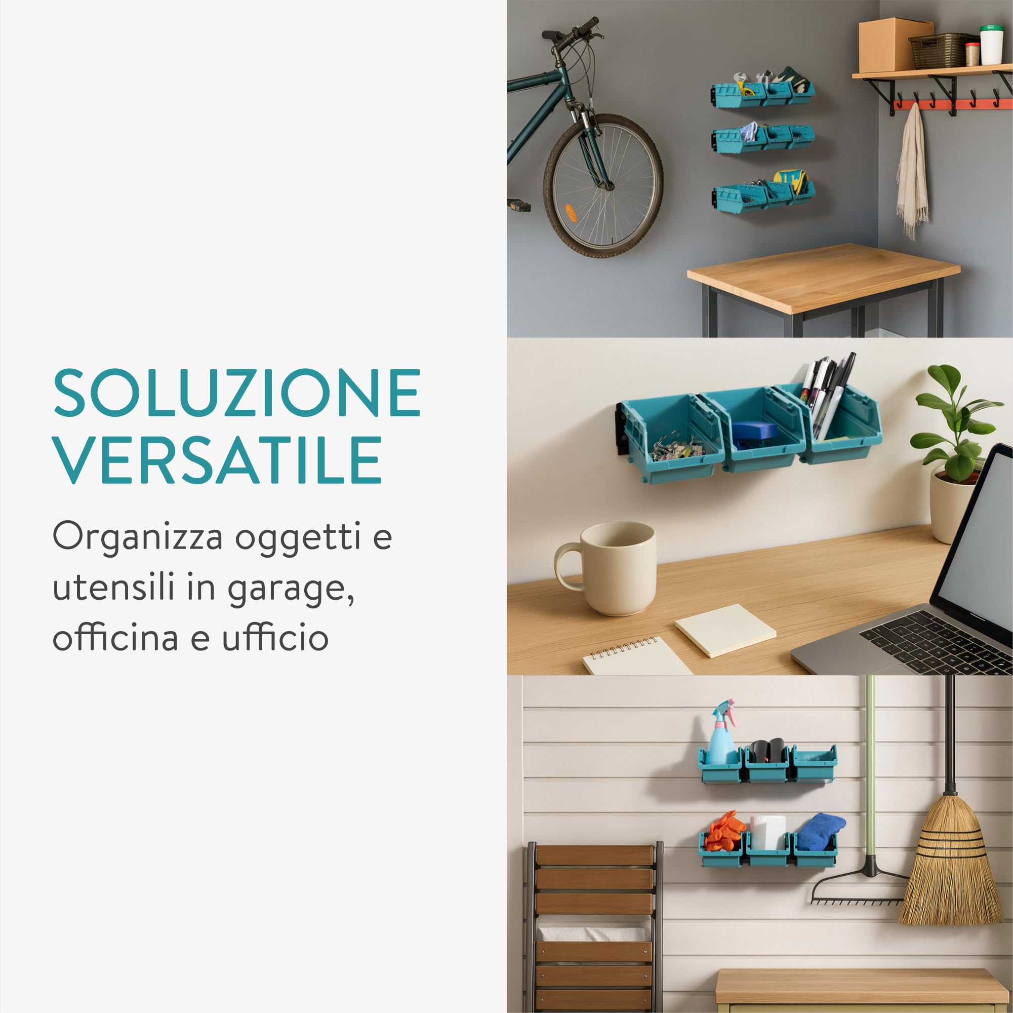 Navaris Contenitori Impilabili e Pannello Porta Attrezzi da Parete - Set di 12 Organizer Portautensili e 4 Binario