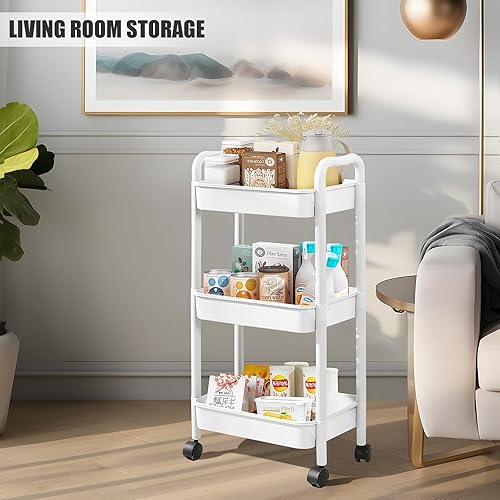 Miniatura 5 de Carrito rodante de 3 niveles con asa, organizador de almacenamiento multifuncional, carritos rodantes con ruedas para baño, oficina, sala de estar