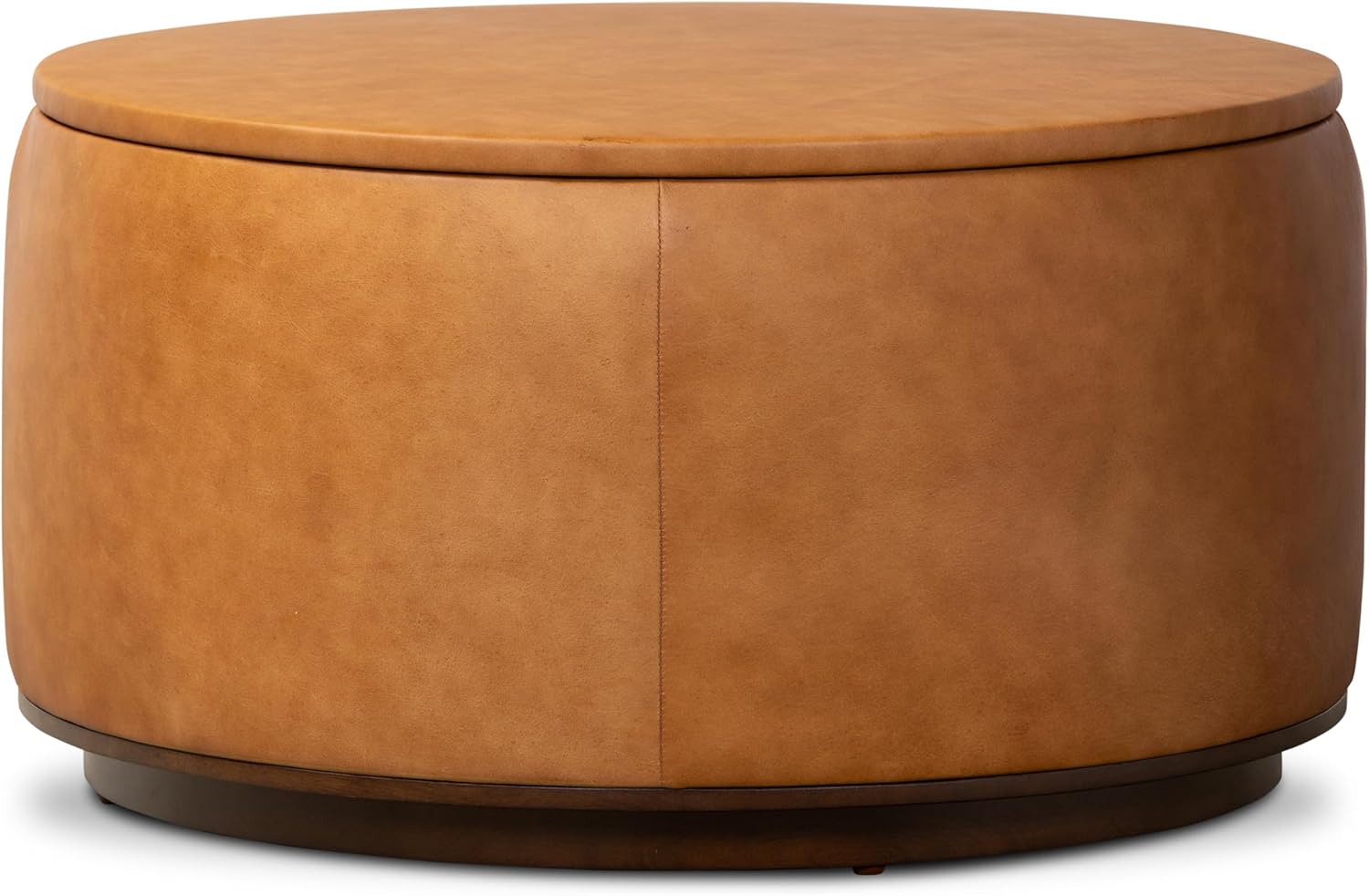 POLY & BARK Herve Storage Ottoman – Round Italian Full-Grain Leather Ottoman with Hidden Storage – Solid Wood Base in Walnut Finish – Cognac Tan Cognac Tan Storage Ottoman
