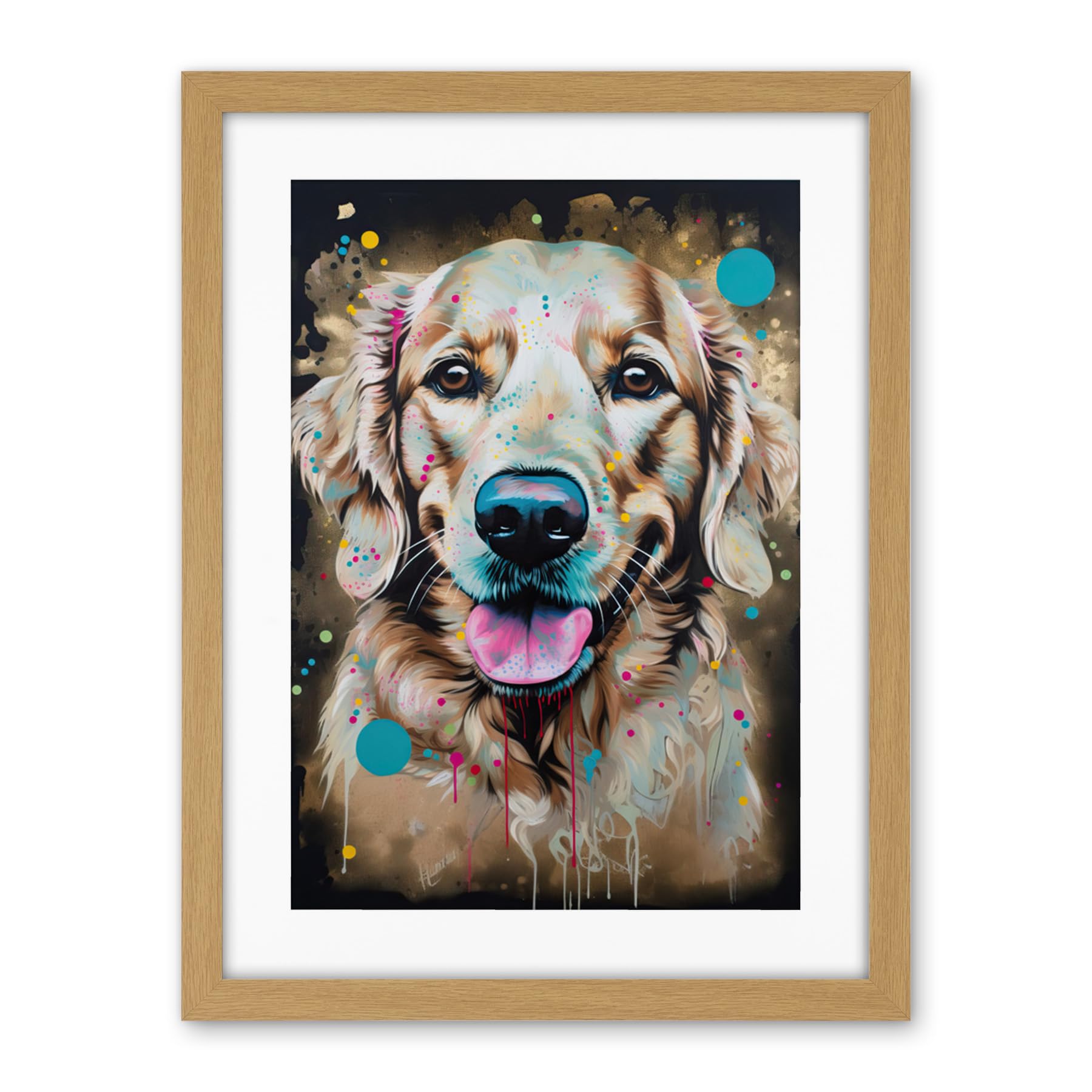 Artery8 Happy Smiling Golden Retriever Dog Portrait Artwork Framed Wall Art Print 18X24 Inch