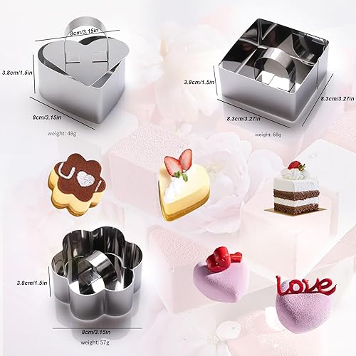 Miniatura 4 de Molde para anillo de pastel, moldes de mousse de postre con empujador, molde para anillos de cocina cuadrados, corazón y flores, molde para anillos