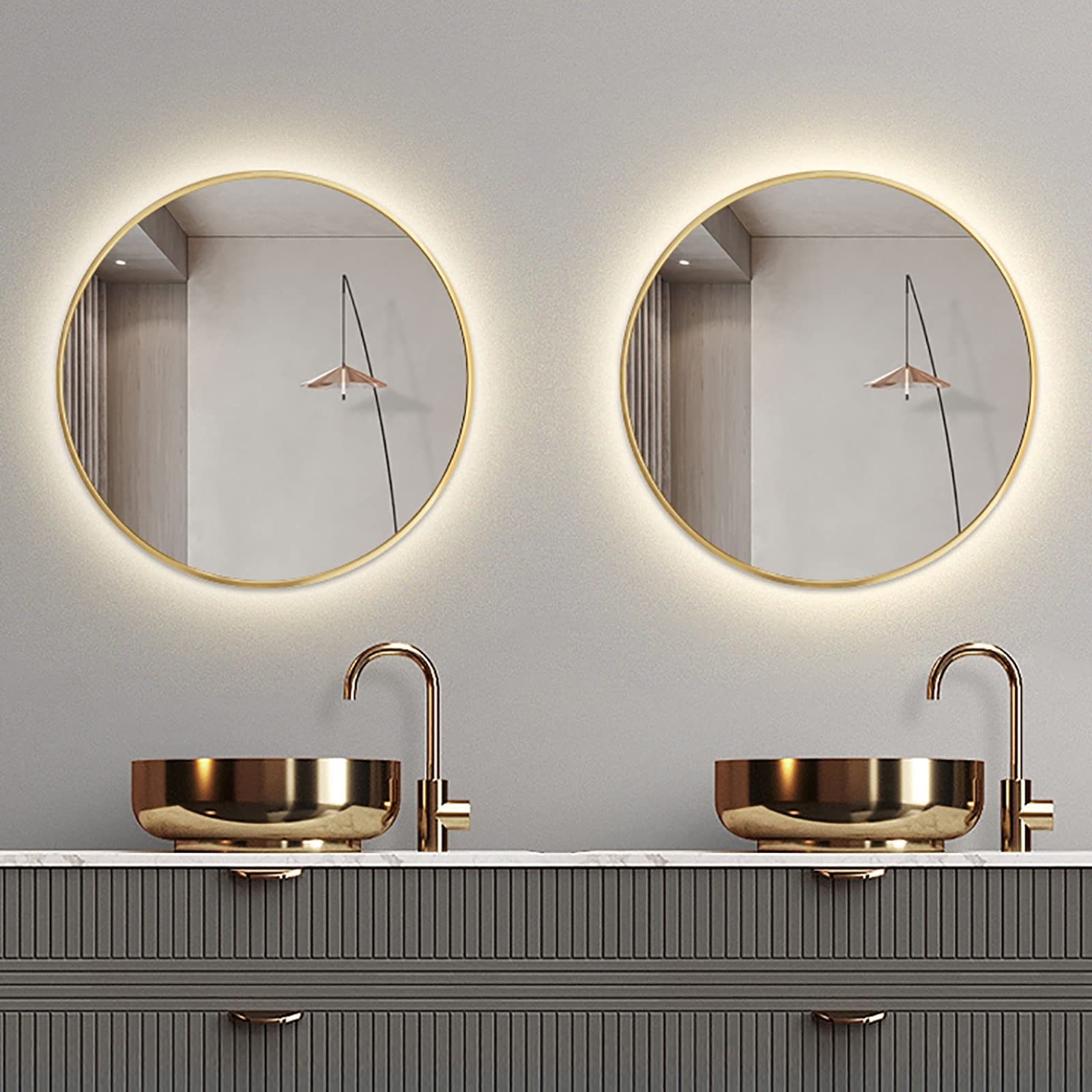 Specchio Espejo de baño LED con Marco Dorado, Espejo de maquillaje Redondo, CRI90+, irrompible, de pared, 500 x 500 mm, Luz Blanca, Elegante decoración de tocador.