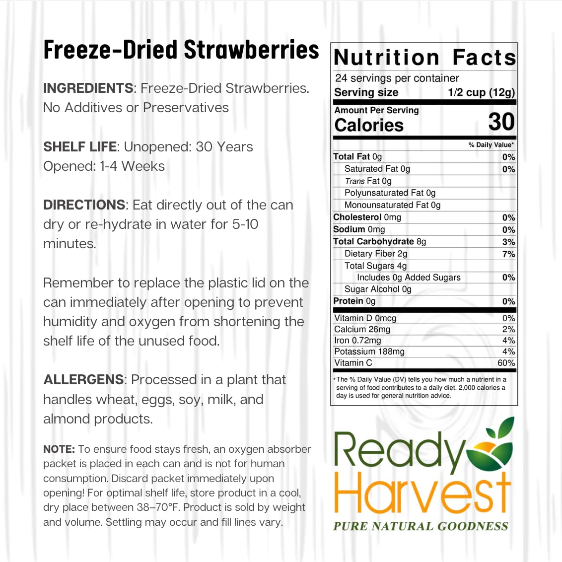 Ready Harvest Freeze Dried Strawberries - Full Can 24 Servings, 9 oz - 100% Natural, Healthy Everyday Snacks Bulk - Premium Quality & Crispy Fresh Taste - Emergency Survival Food Supply - 30-Year Shelf Life